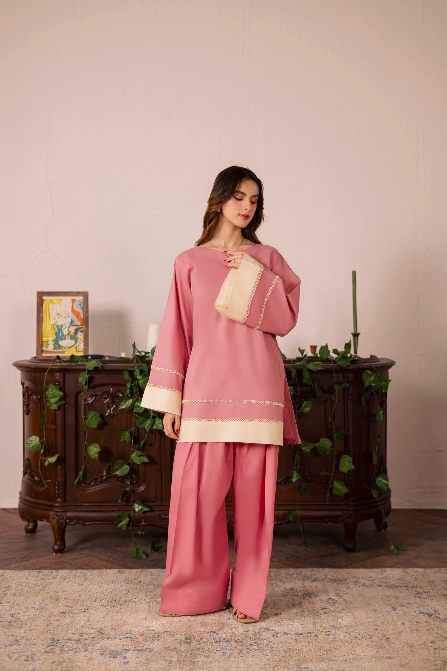 2PC Solid Colour Block Dress - 05 Pink