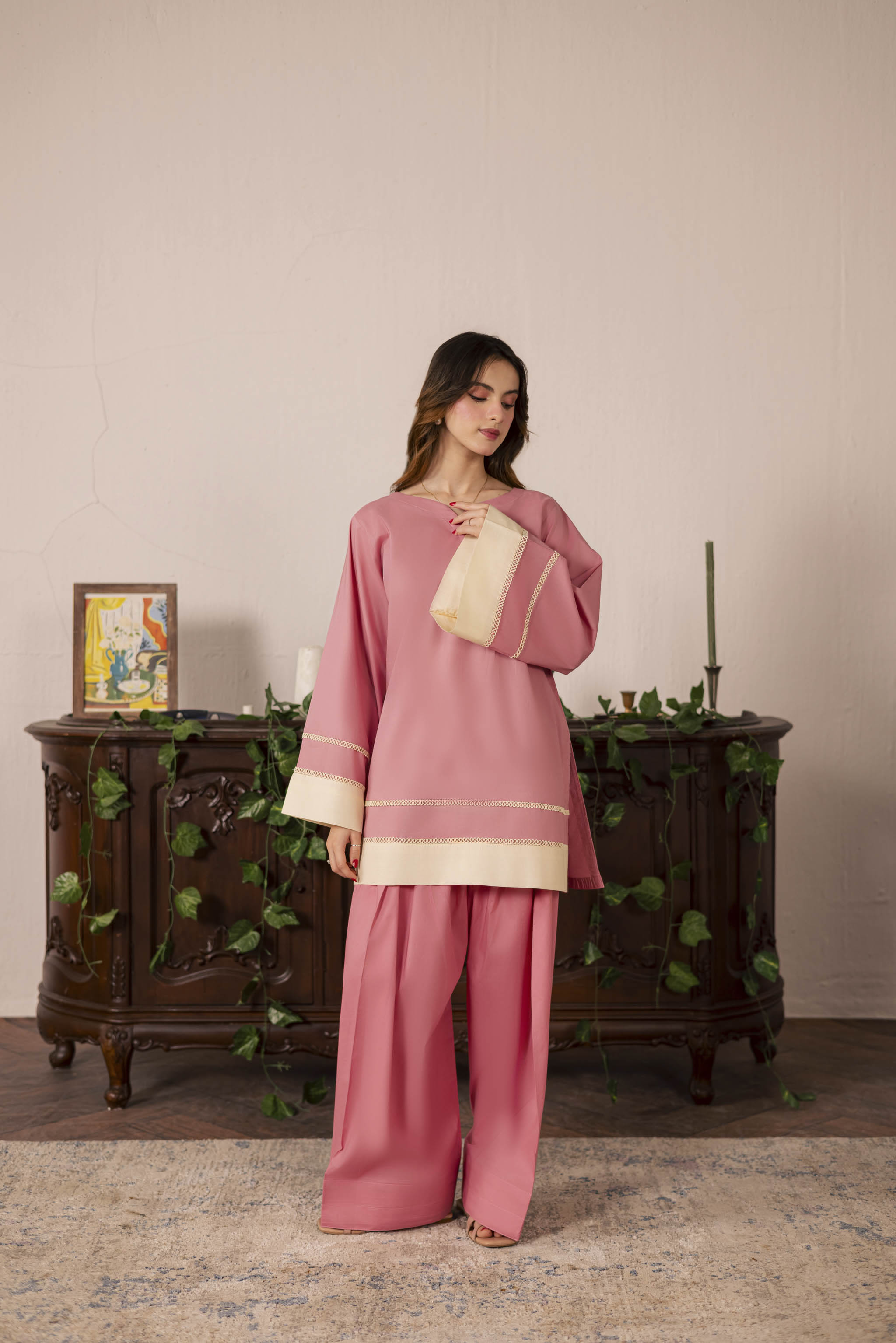 2PC Solid Colour Block Dress - 05 Pink