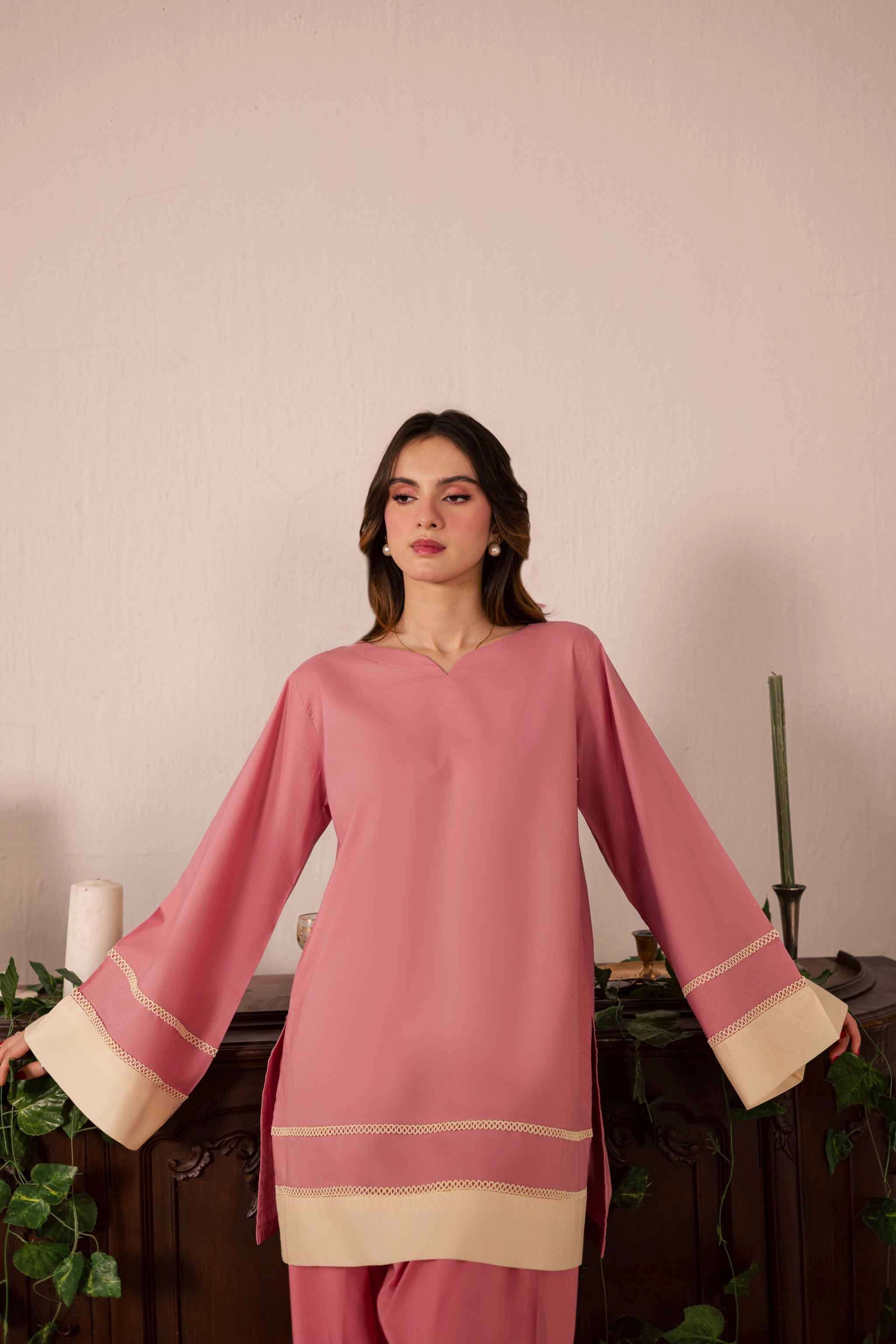2PC Solid Colour Block Dress - 05 Pink