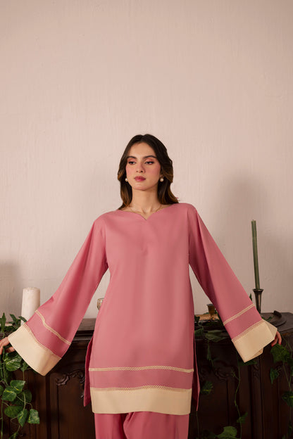2PC Solid Colour Block Dress - 05 Pink