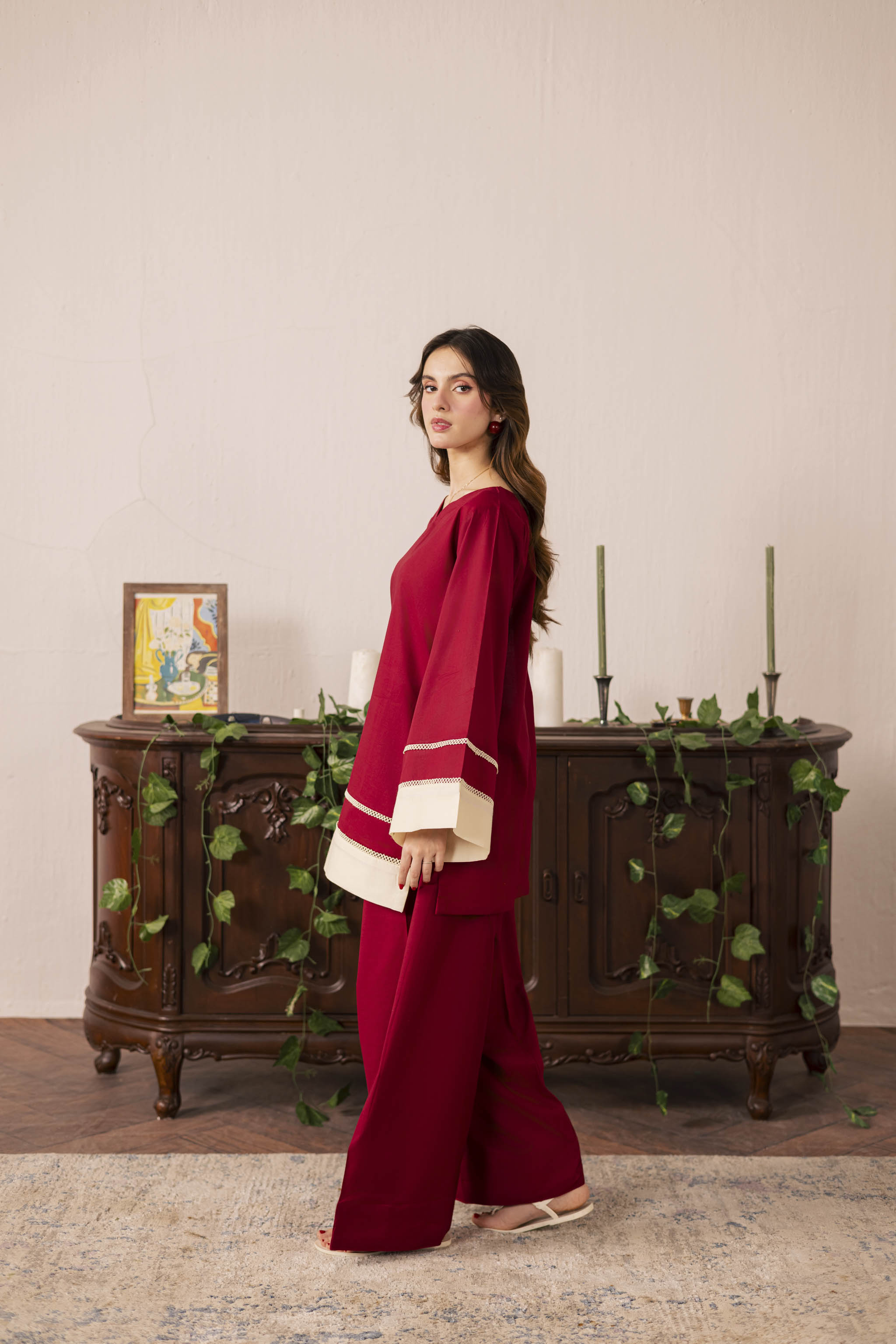 2PC Solid Colour Block Dress - 01 Maroon