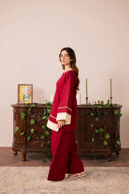 2PC Solid Colour Block Dress - 01 Maroon