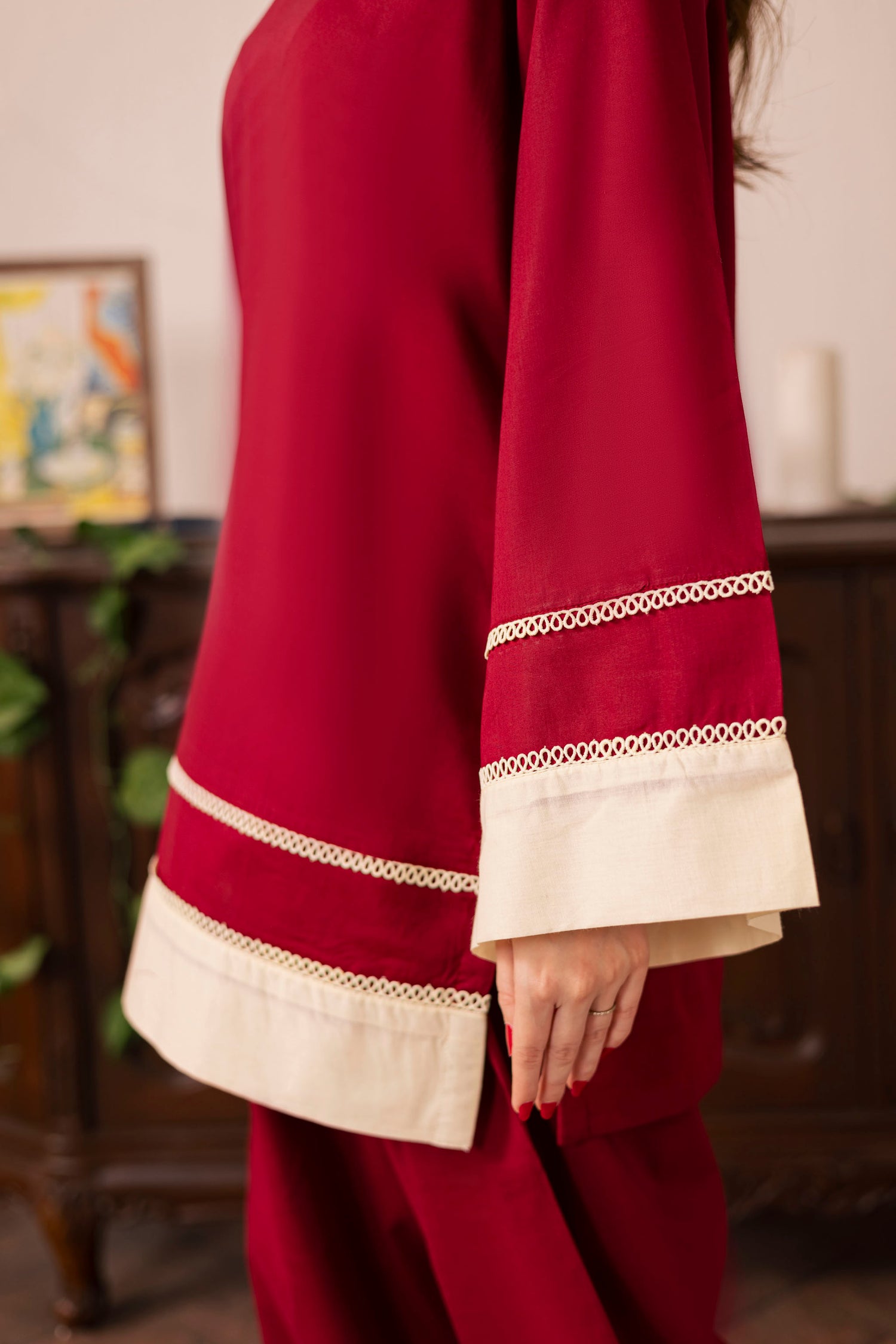 2PC Solid Colour Block Dress - 01 Maroon