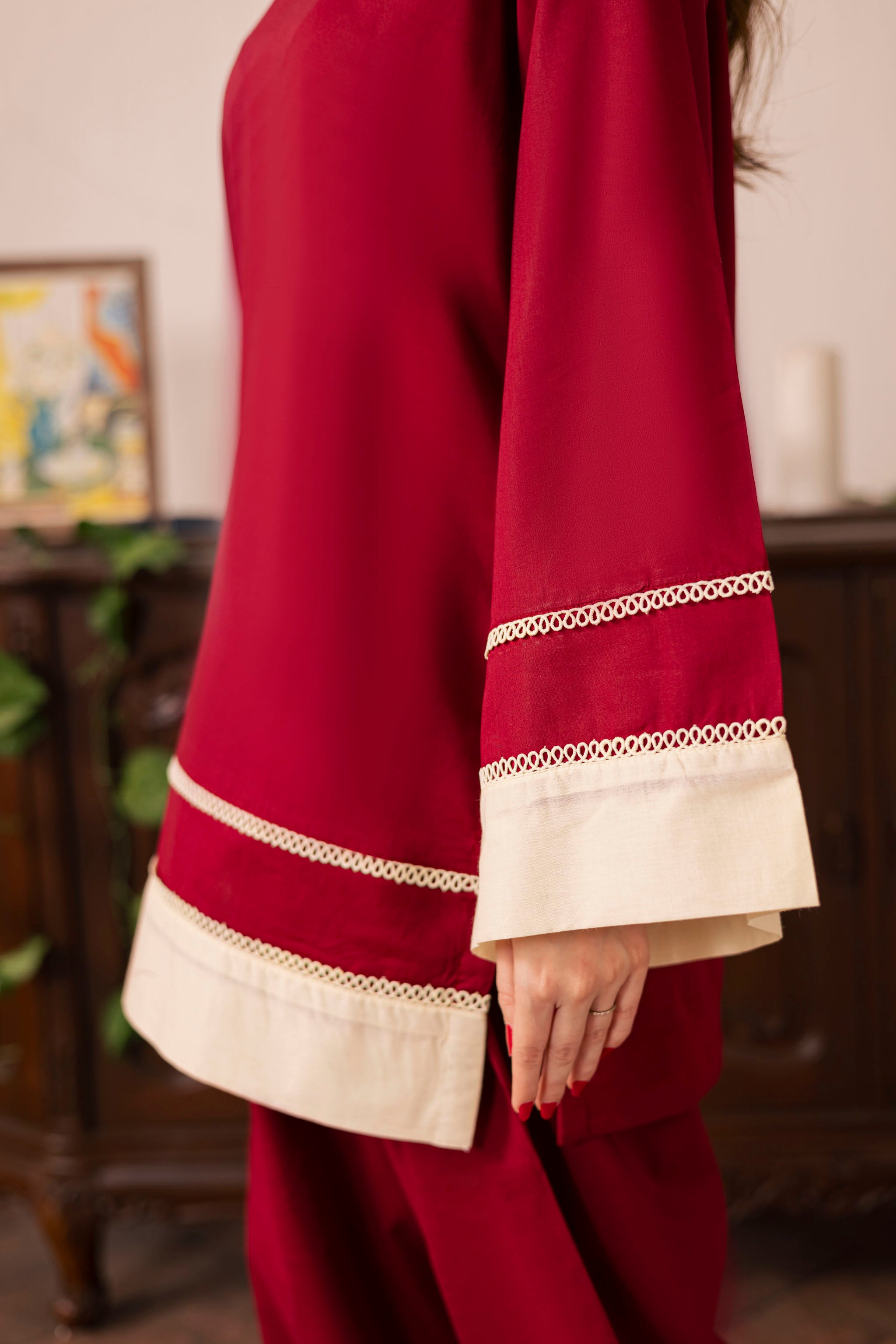 2PC Solid Colour Block Dress - 01 Maroon