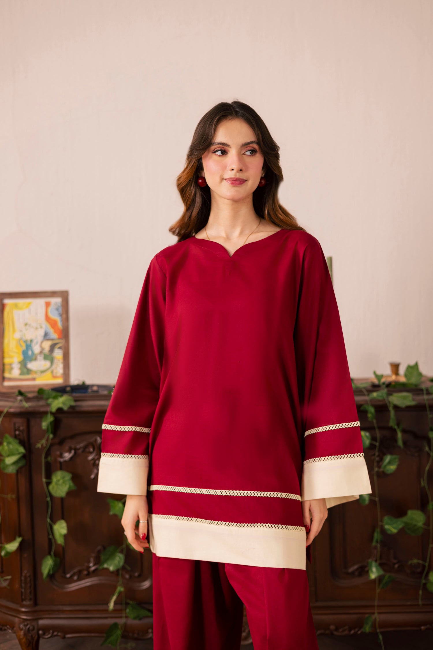 2PC Solid Colour Block Dress - 01 Maroon