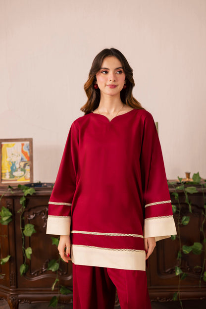 2PC Solid Colour Block Dress - 01 Maroon