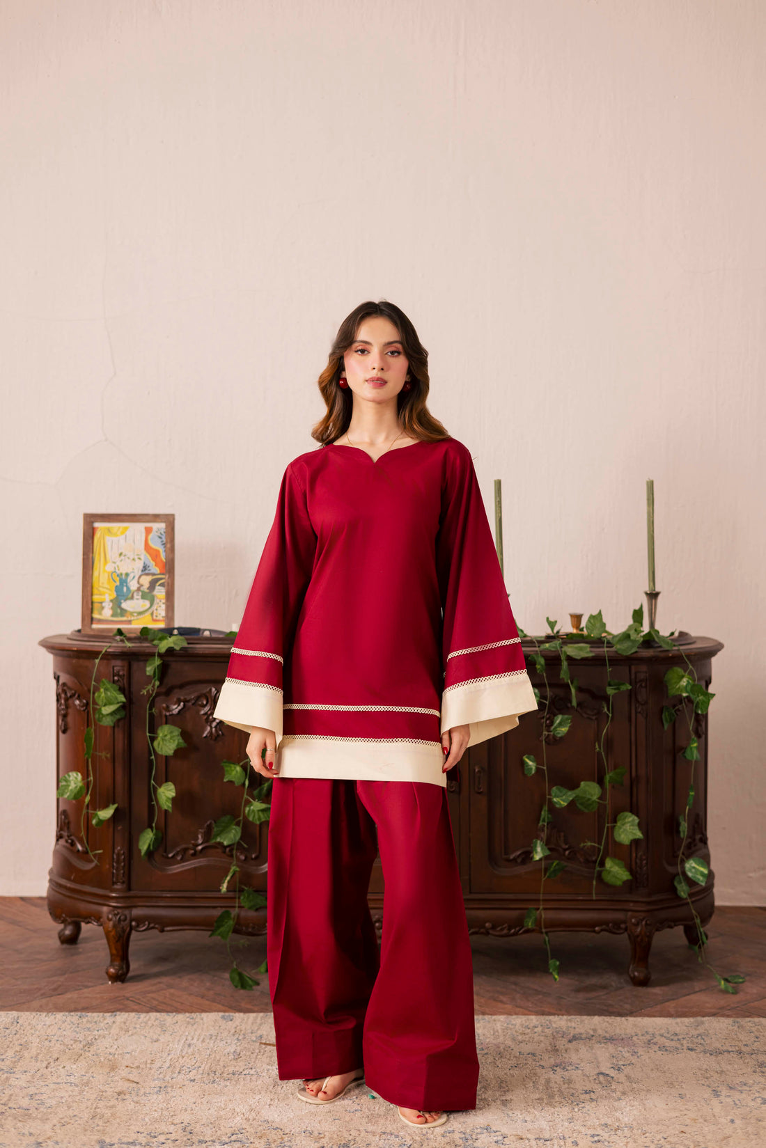 2PC Solid Colour Block Dress - 01 Maroon
