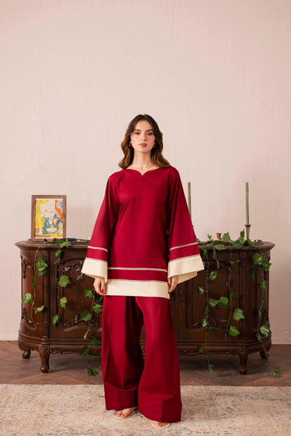 2PC Solid Colour Block Dress - 01 Maroon