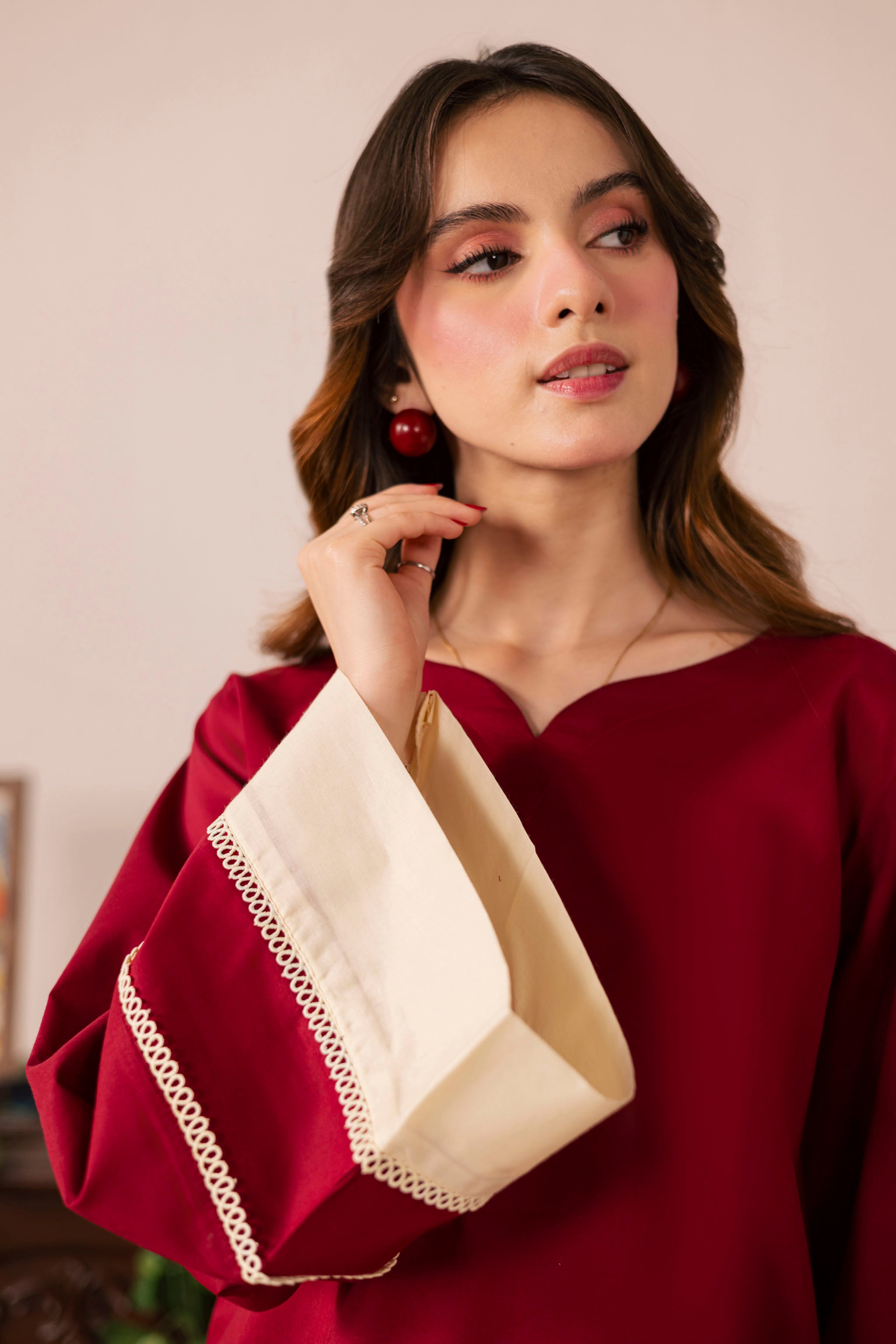 2PC Solid Colour Block Dress - 01 Maroon