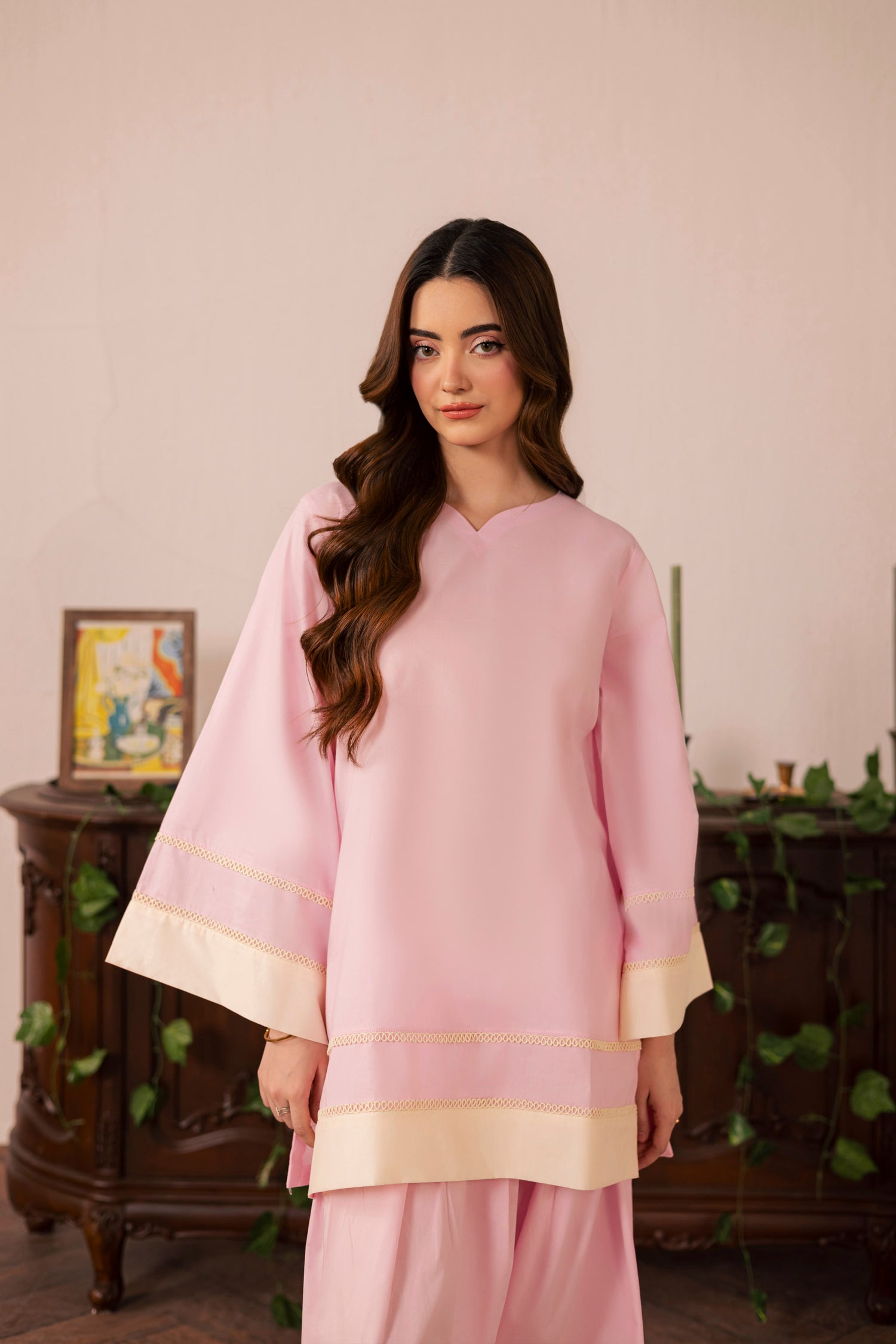 2PC Solid Colour Block Dress - 02 Powder Pink