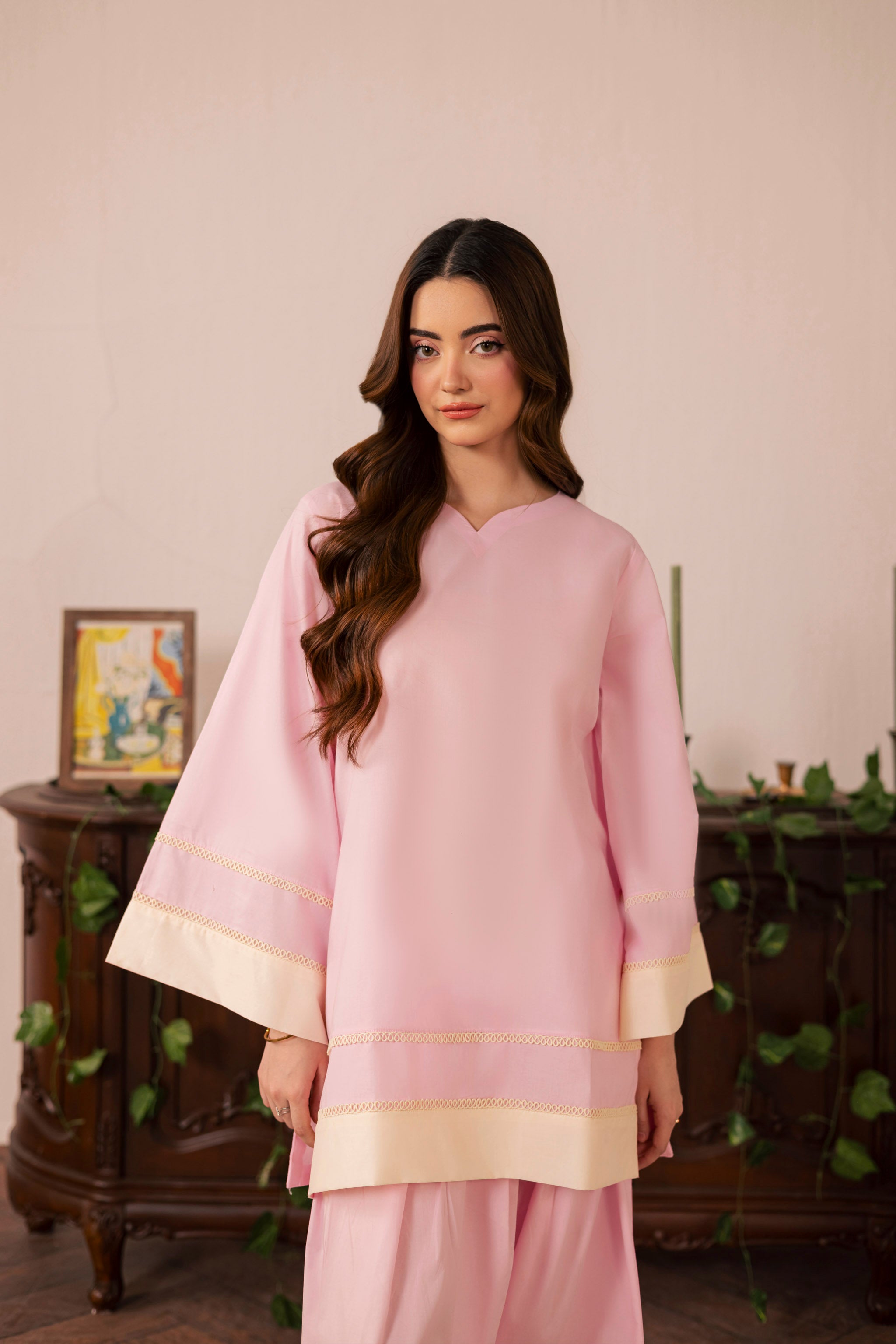 2PC Solid Colour Block Dress - 02 Powder Pink