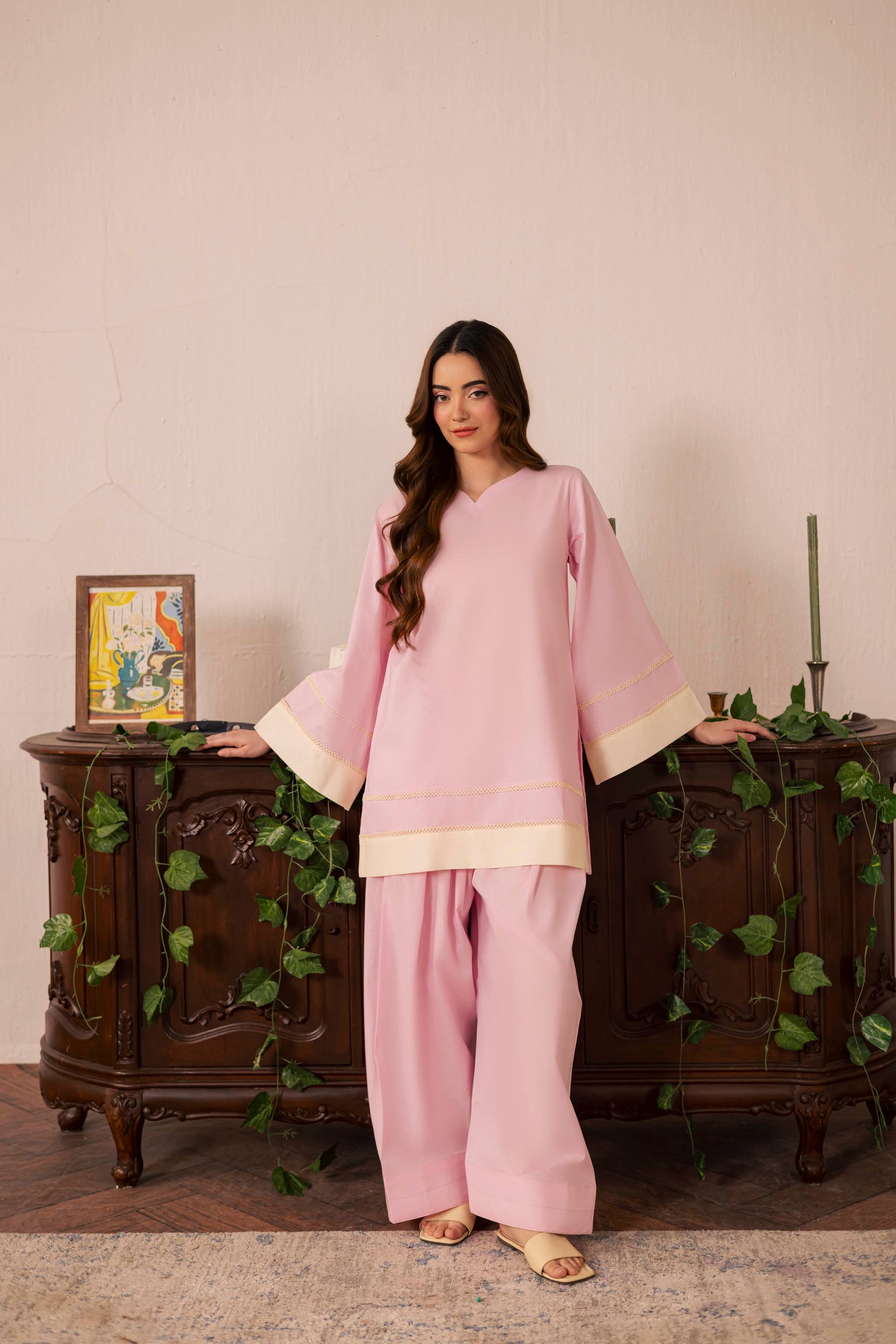 2PC Solid Colour Block Dress - 02 Powder Pink