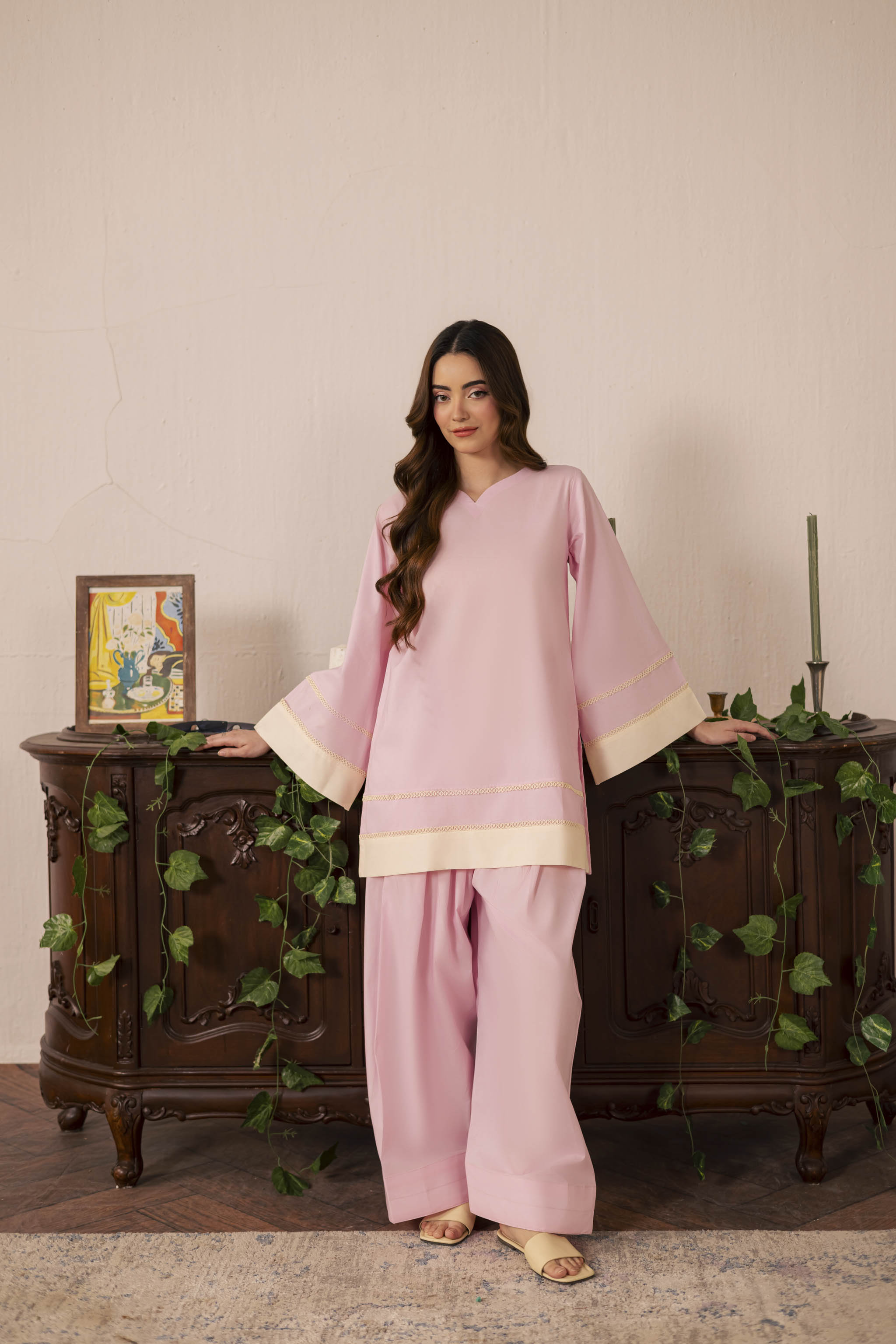 2PC Solid Colour Block Dress - 02 Powder Pink