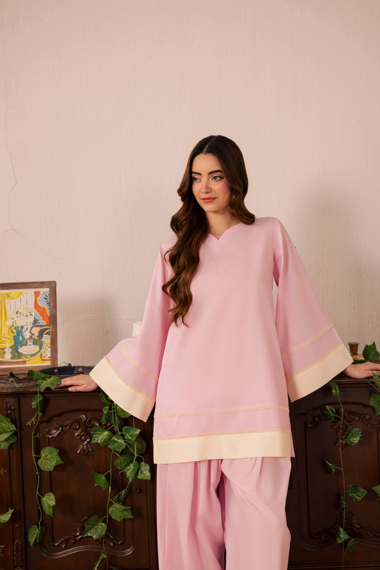 2PC Solid Colour Block Dress - 02 Powder Pink