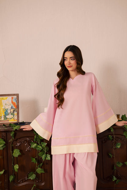 2PC Solid Colour Block Dress - 02 Powder Pink