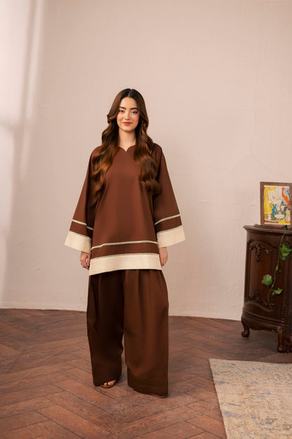 2PC Solid Colour Block Dress - 03 Dark Brown