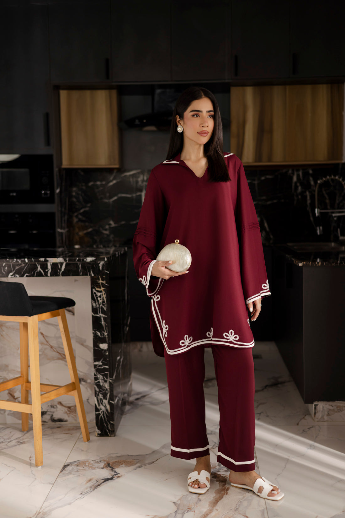 Embroidered Solid 2PC Dress - SP-06 Wine