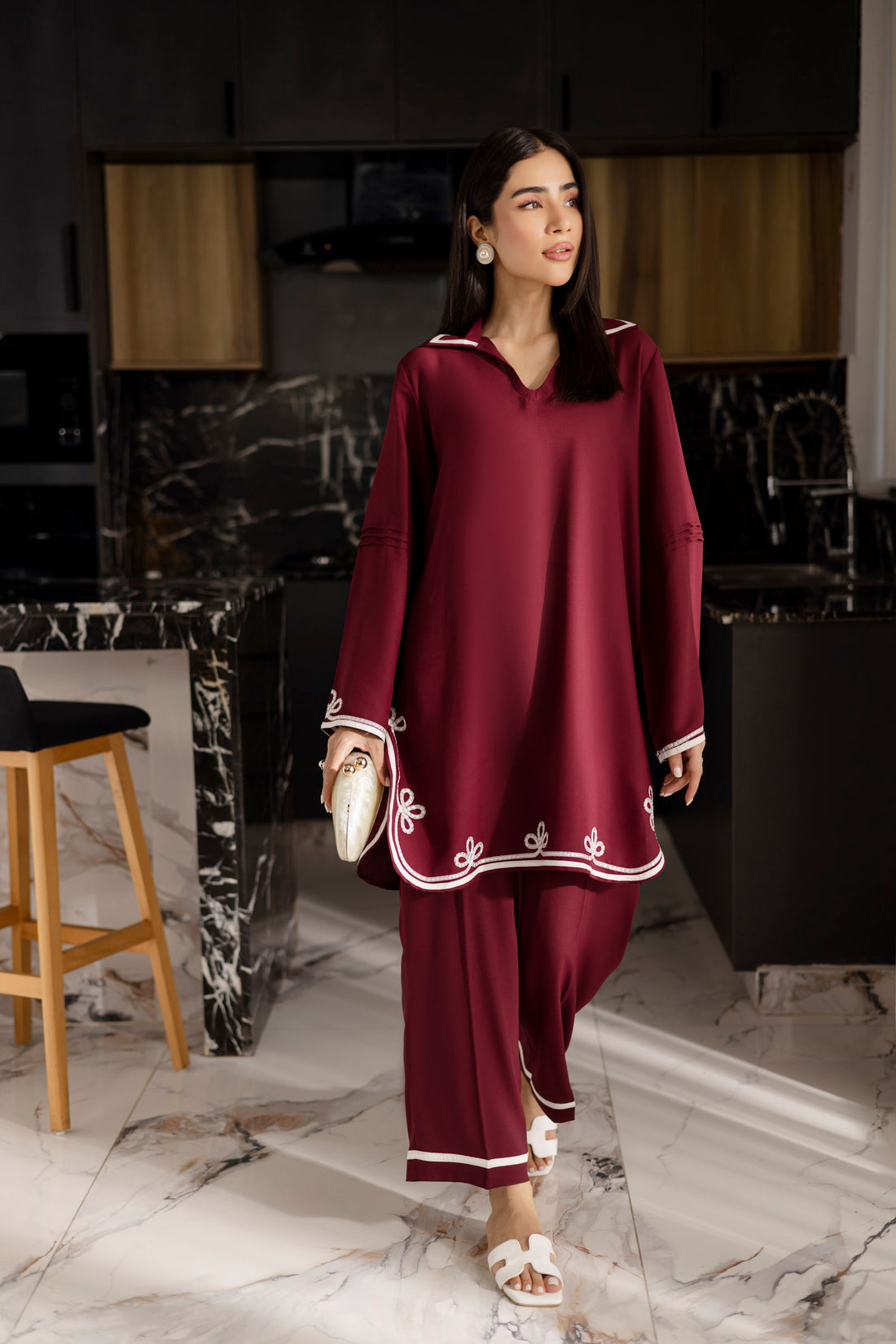 Embroidered Solid 2PC Dress - SP-06 Wine