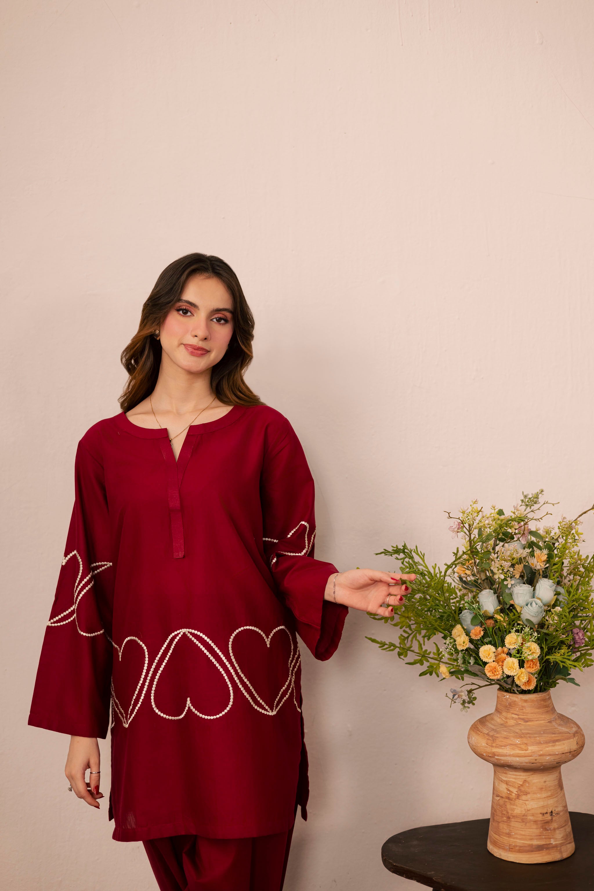 2PC Heart Embroidered Dress - 01 Maroon