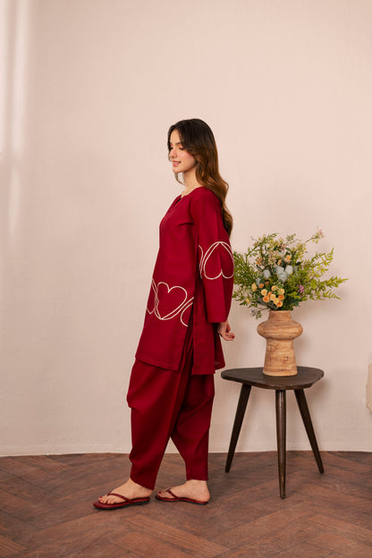 2PC Heart Embroidered Dress - 01 Maroon