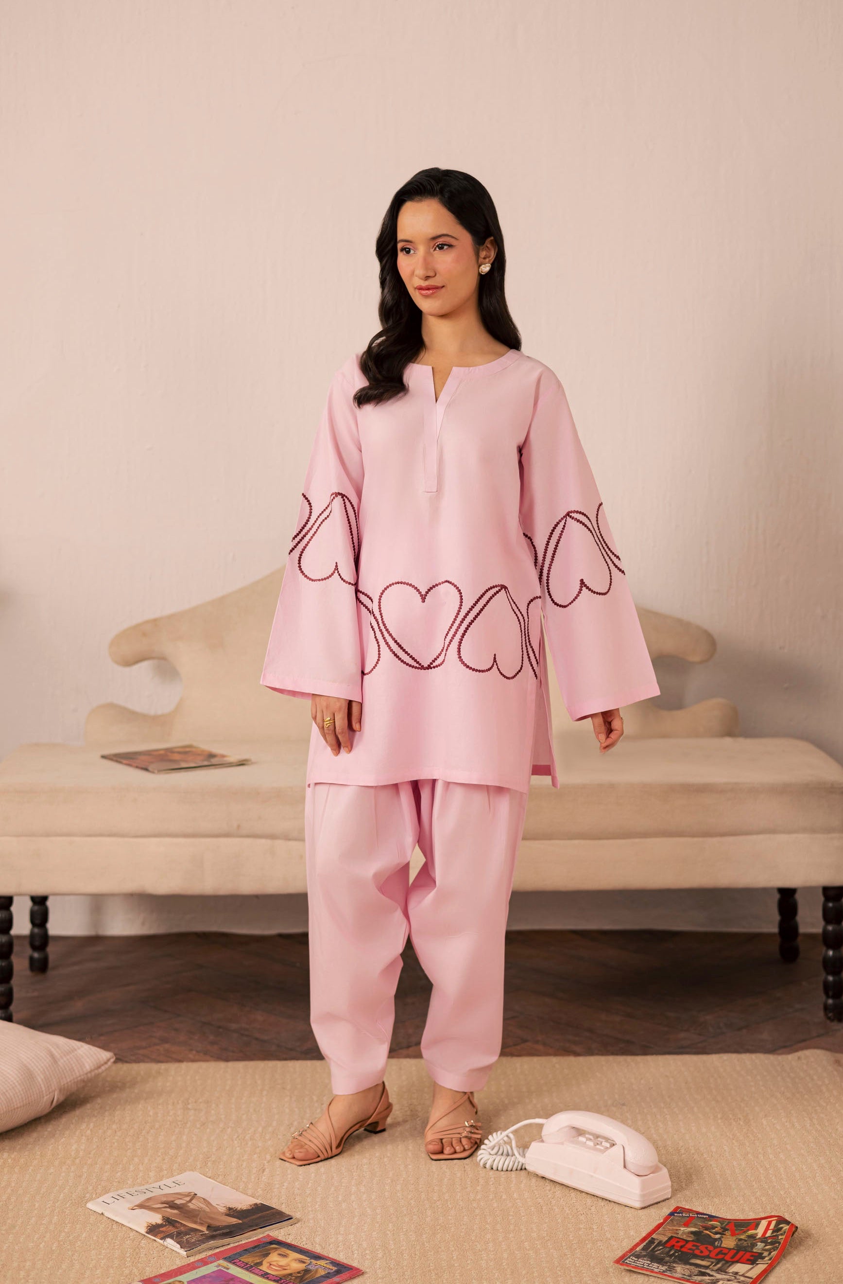 2PC Heart Embroidered Dress - 02 Baby Pink