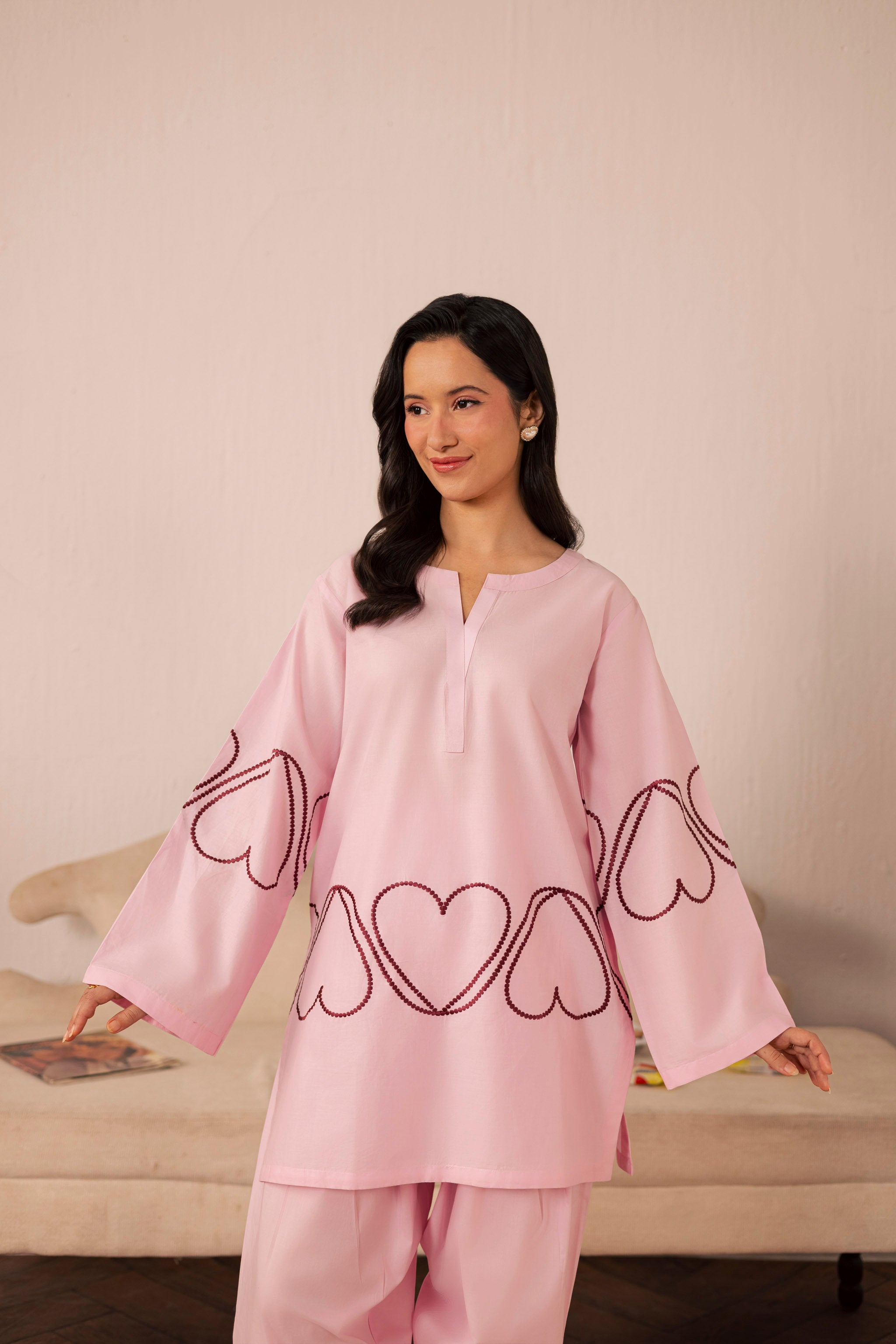 2PC Heart Embroidered Dress - 02 Baby Pink