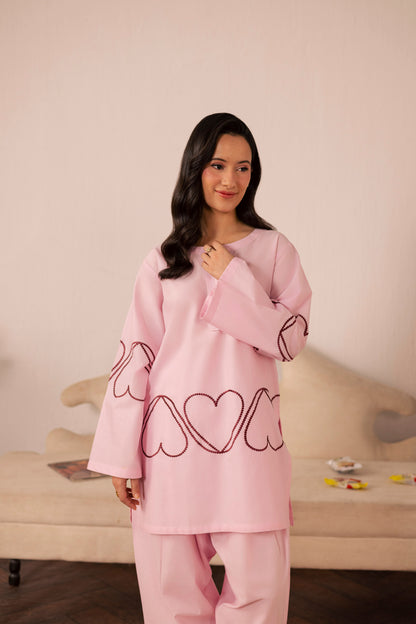 2PC Heart Embroidered Dress - 02 Baby Pink