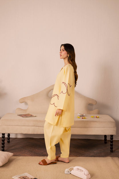 2PC Heart Embroidered Dress - 05 Butter Yellow