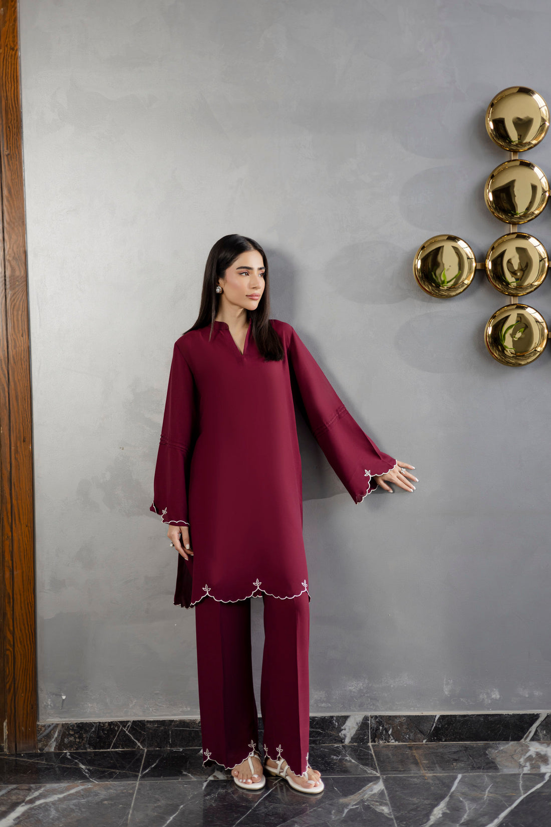 Embroidered Solid 2PC Dress - SP-04 Wine