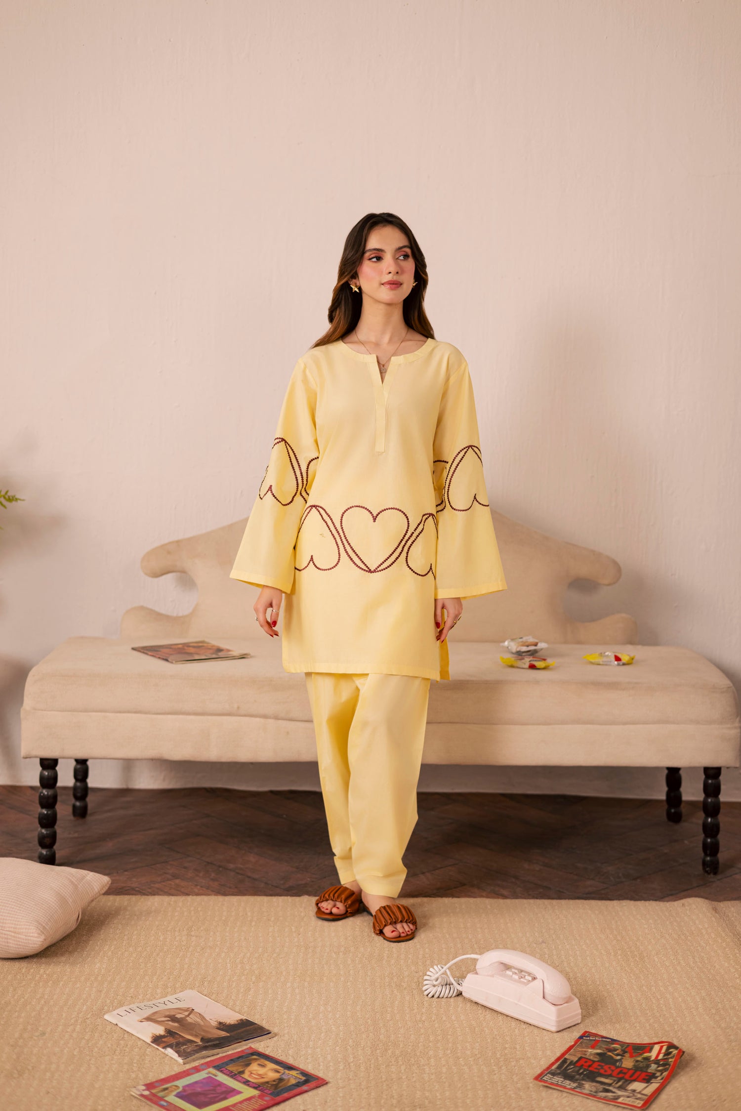 2PC Heart Embroidered Dress - 05 Butter Yellow Silayi Pret 2PC Heart Embroidered Dress - 05 Butter Yellow Silayi Pret