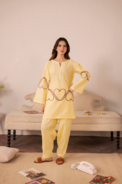 2PC Heart Embroidered Dress - 05 Butter Yellow