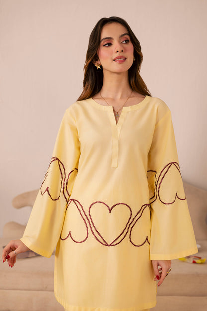 2PC Heart Embroidered Dress - 05 Butter Yellow