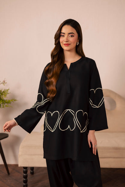 2PC Heart Embroidered Dress - 04 Black
