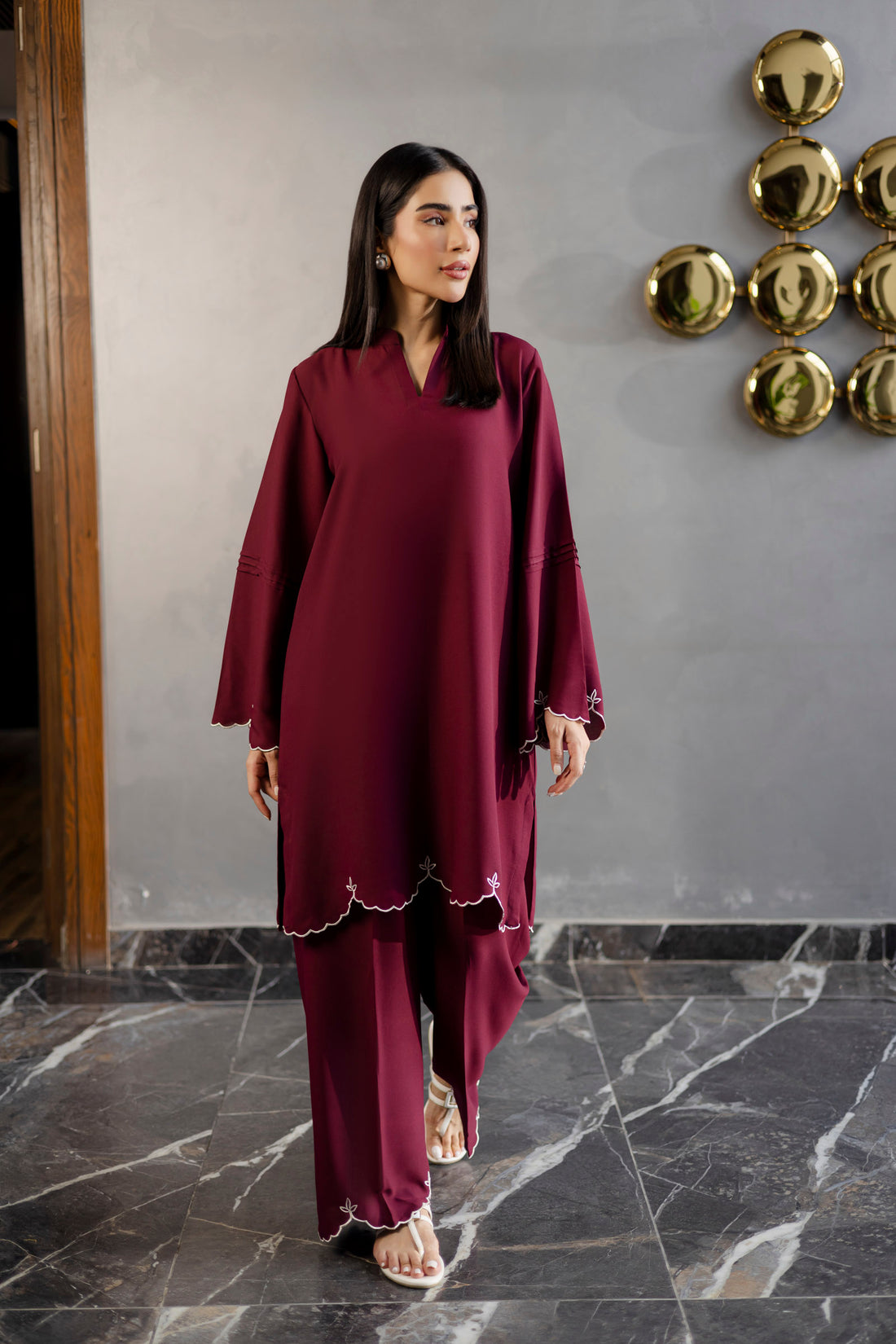Embroidered Solid 2PC Dress - SP-04 Wine
