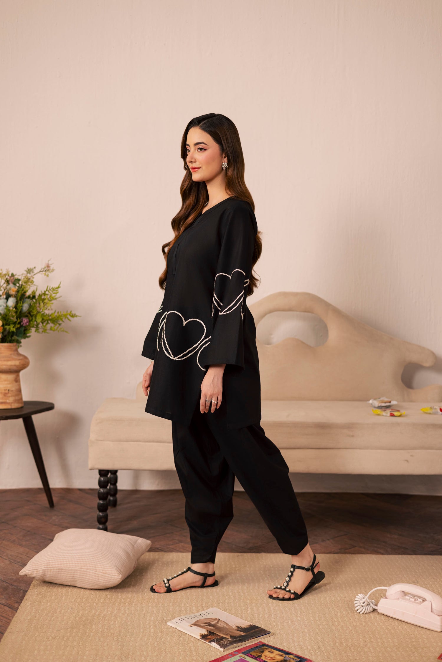 2PC Heart Embroidered Dress - 04 Black