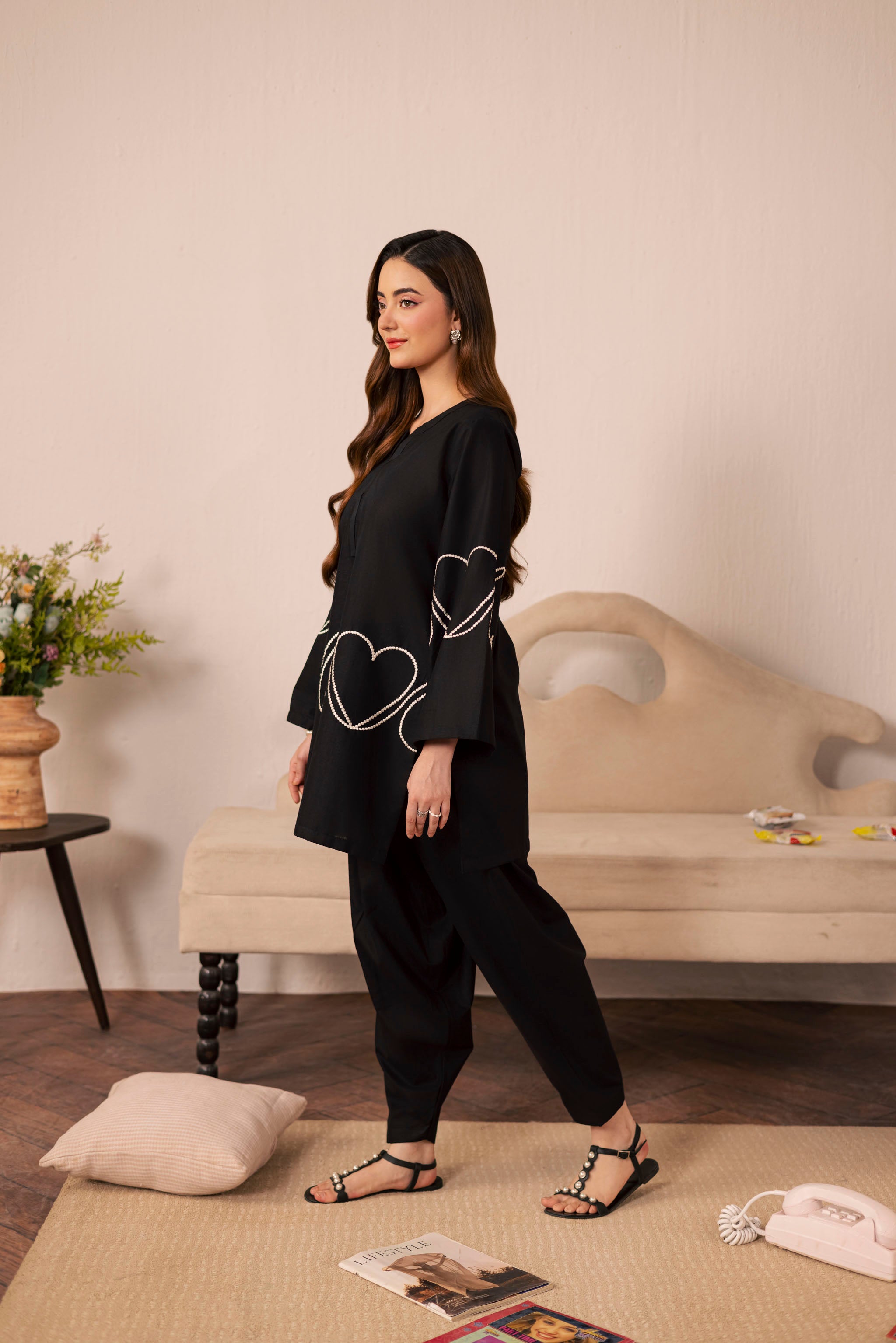 2PC Heart Embroidered Dress - 04 Black