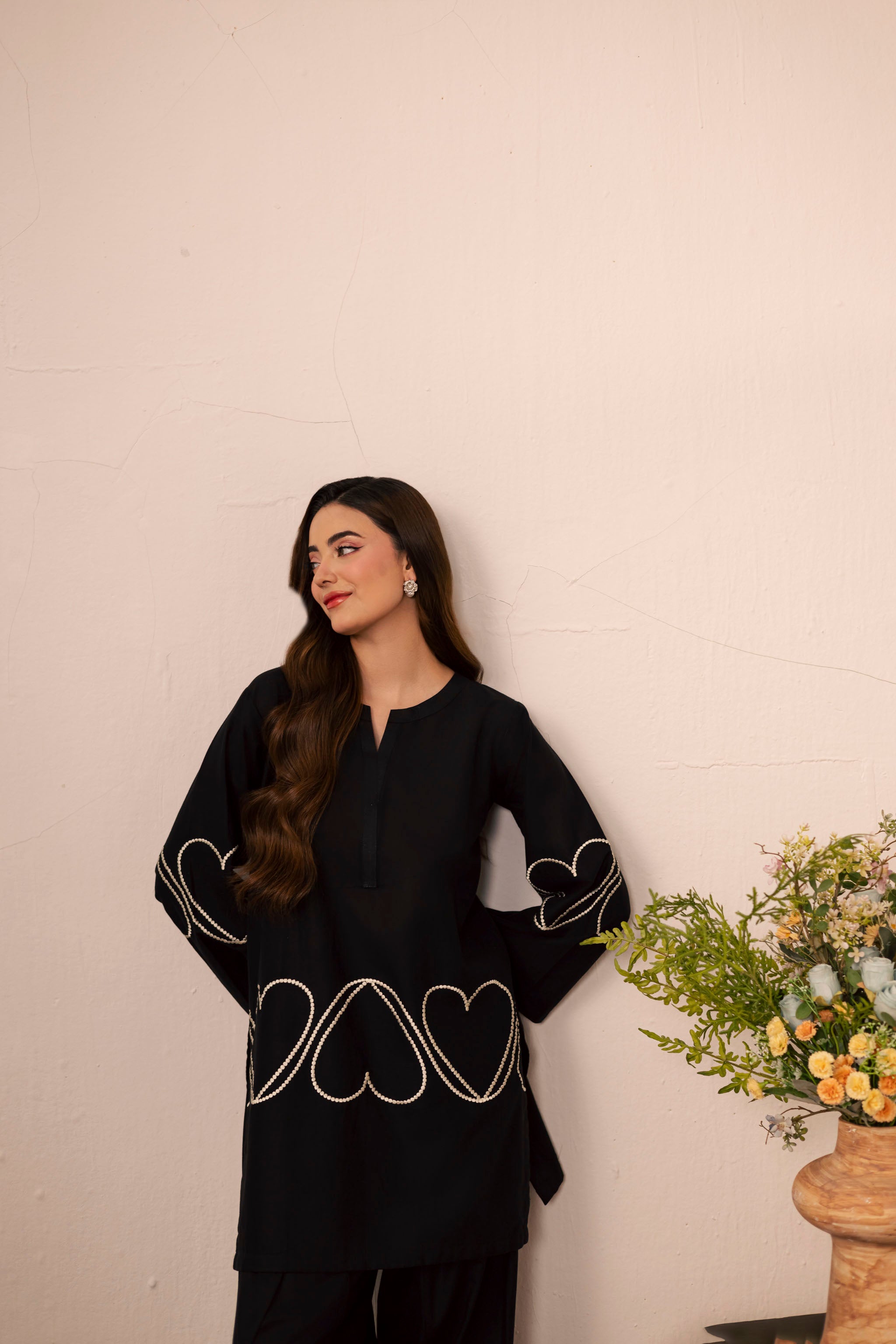 2PC Heart Embroidered Dress - 04 Black