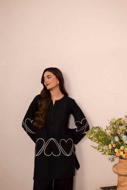 2PC Heart Embroidered Dress - 04 Black