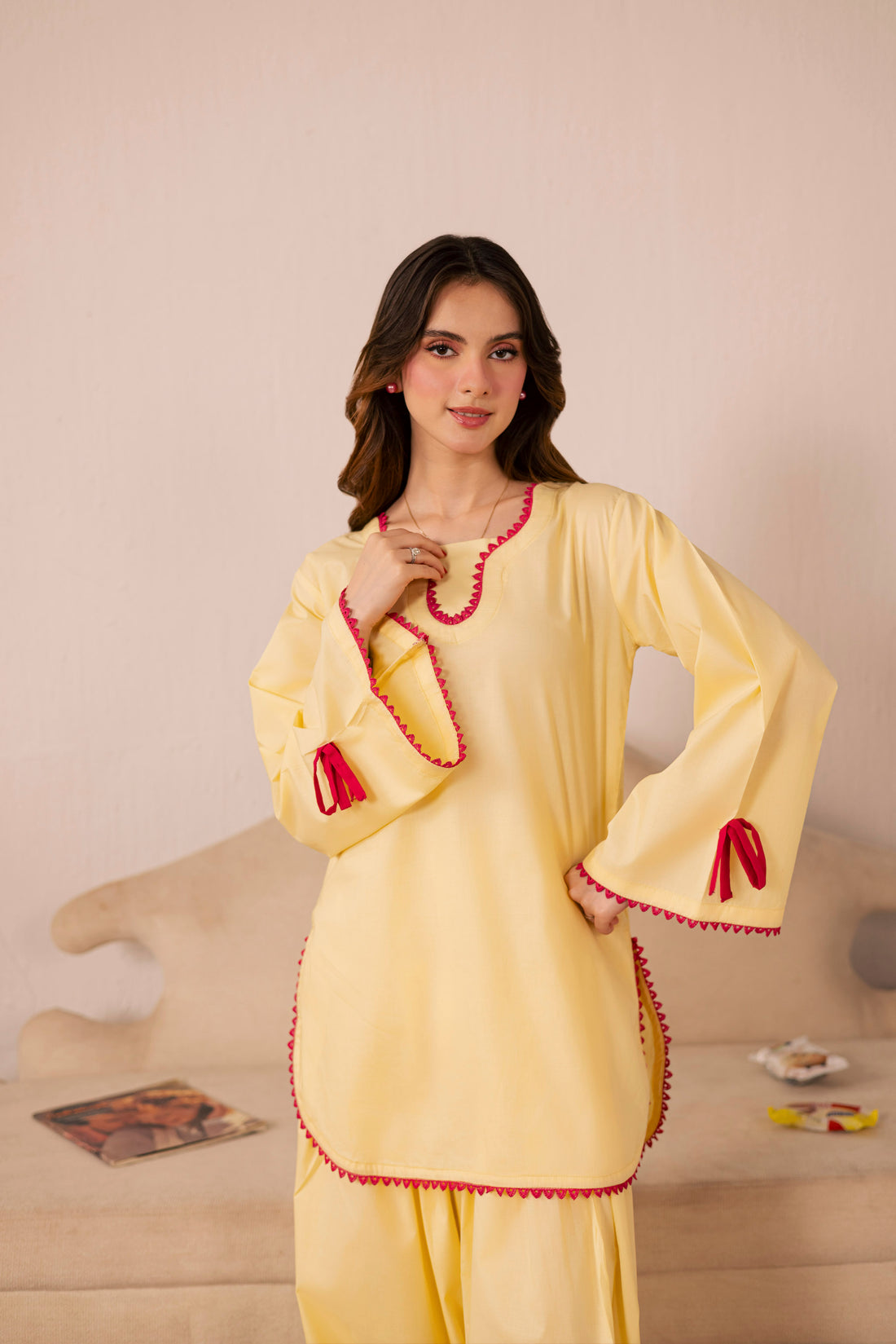 2PC Solid Lace Dress - 01 Butter Yellow