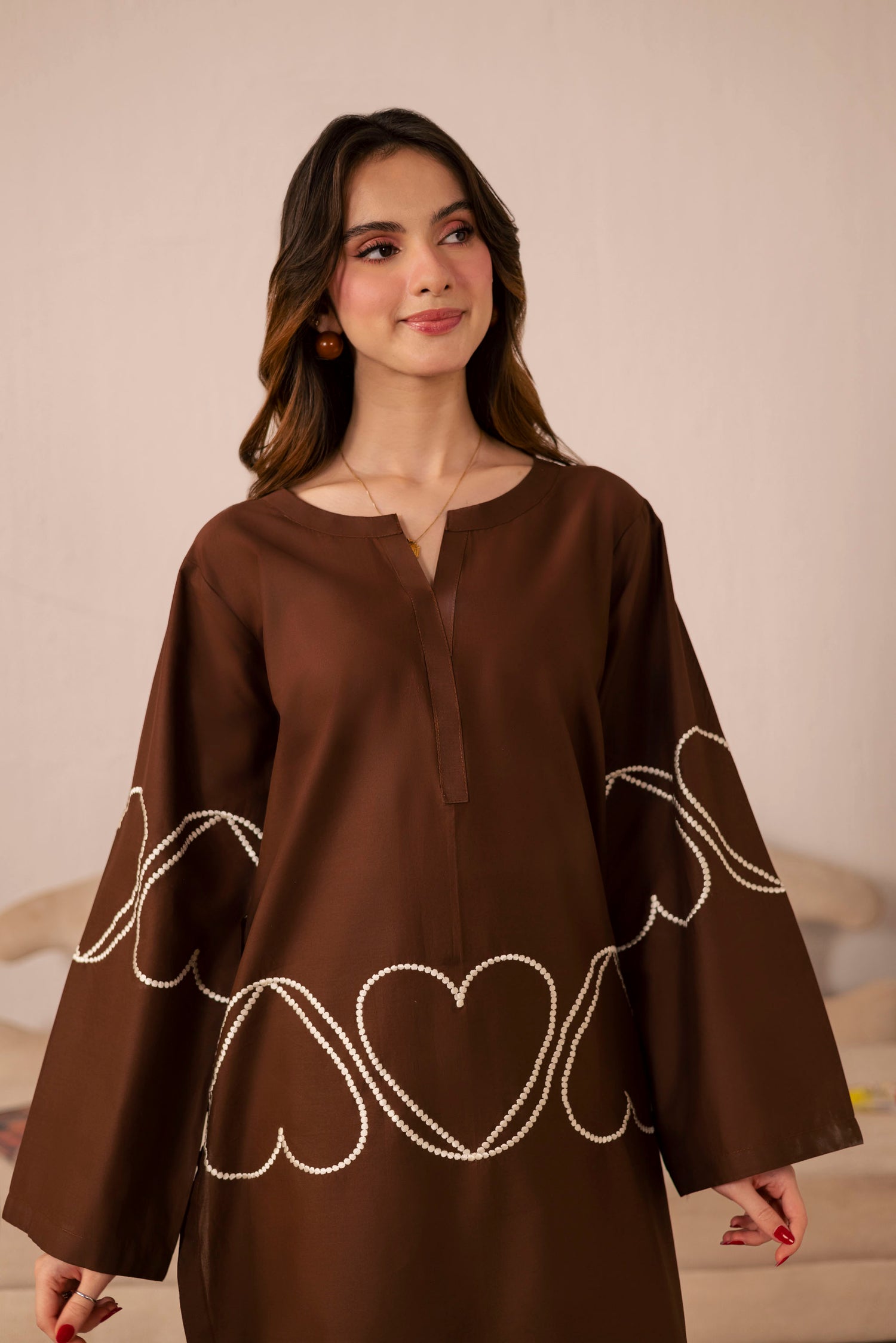 2PC Heart Embroidered Dress - 03 Dark Brown