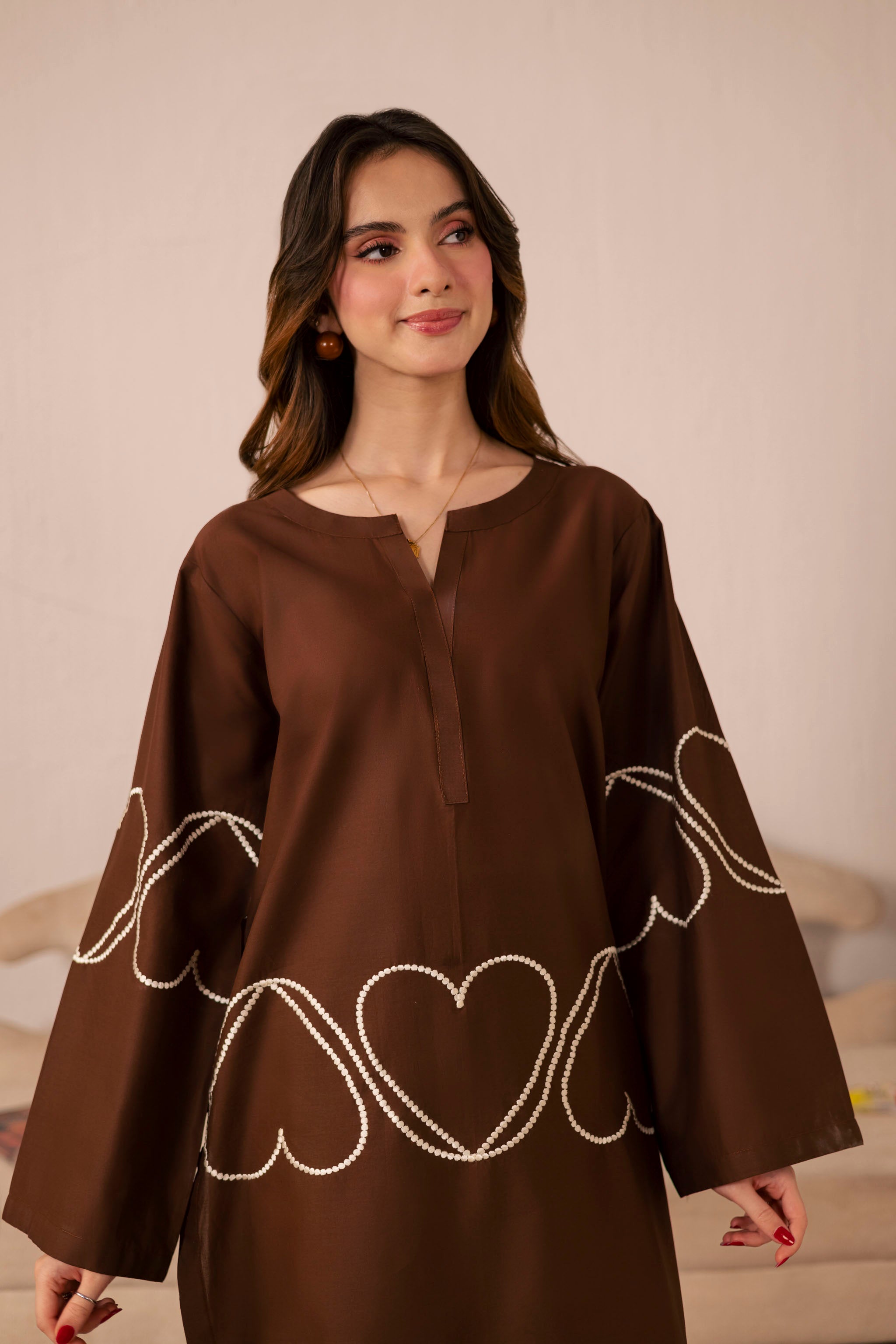 2PC Heart Embroidered Dress - 03 Dark Brown  Silayi Pret