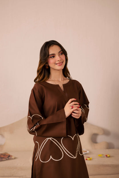 2PC Heart Embroidered Dress - 03 Dark Brown