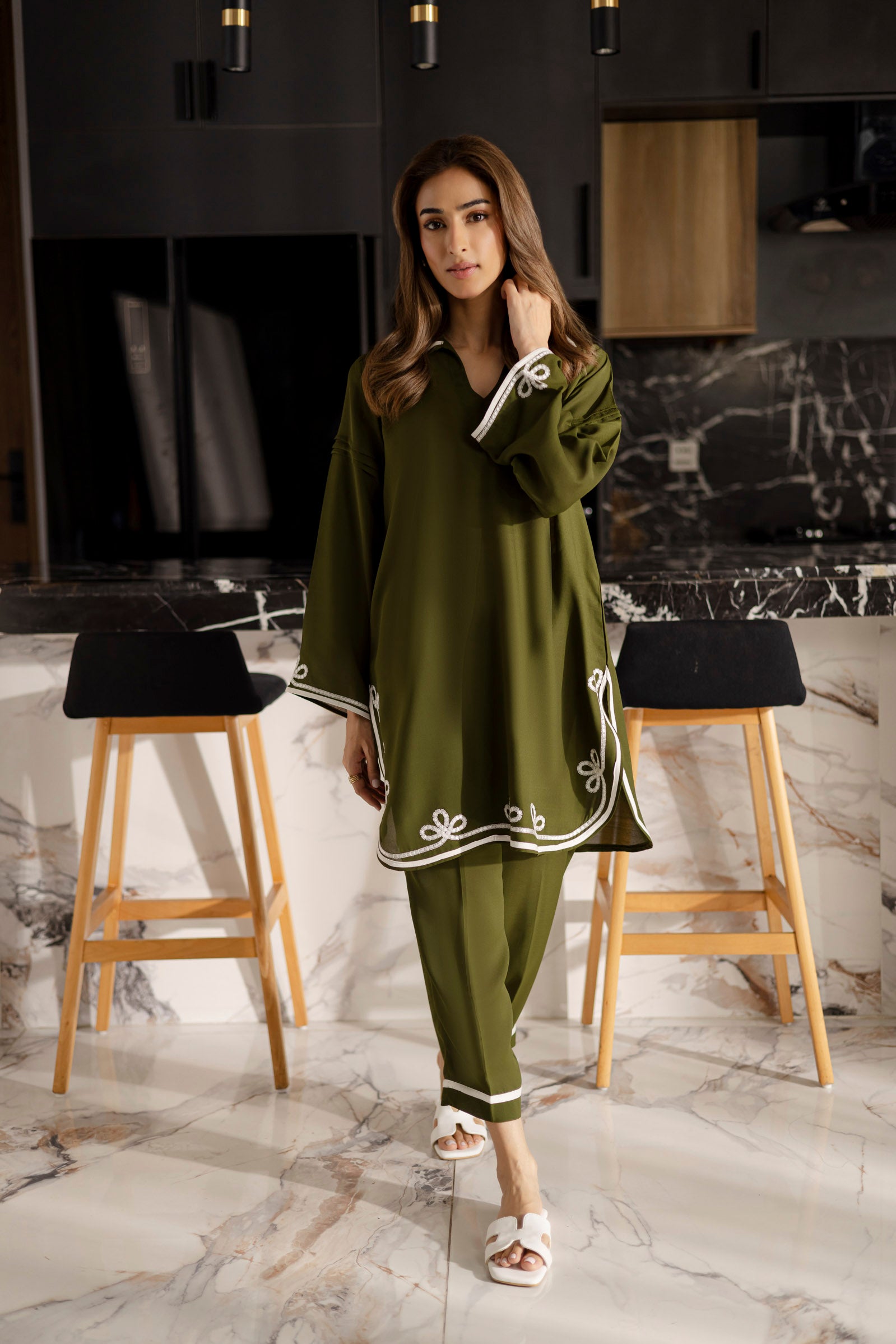 Embroidered Solid 2PC Dress - SP-06 Olive Green