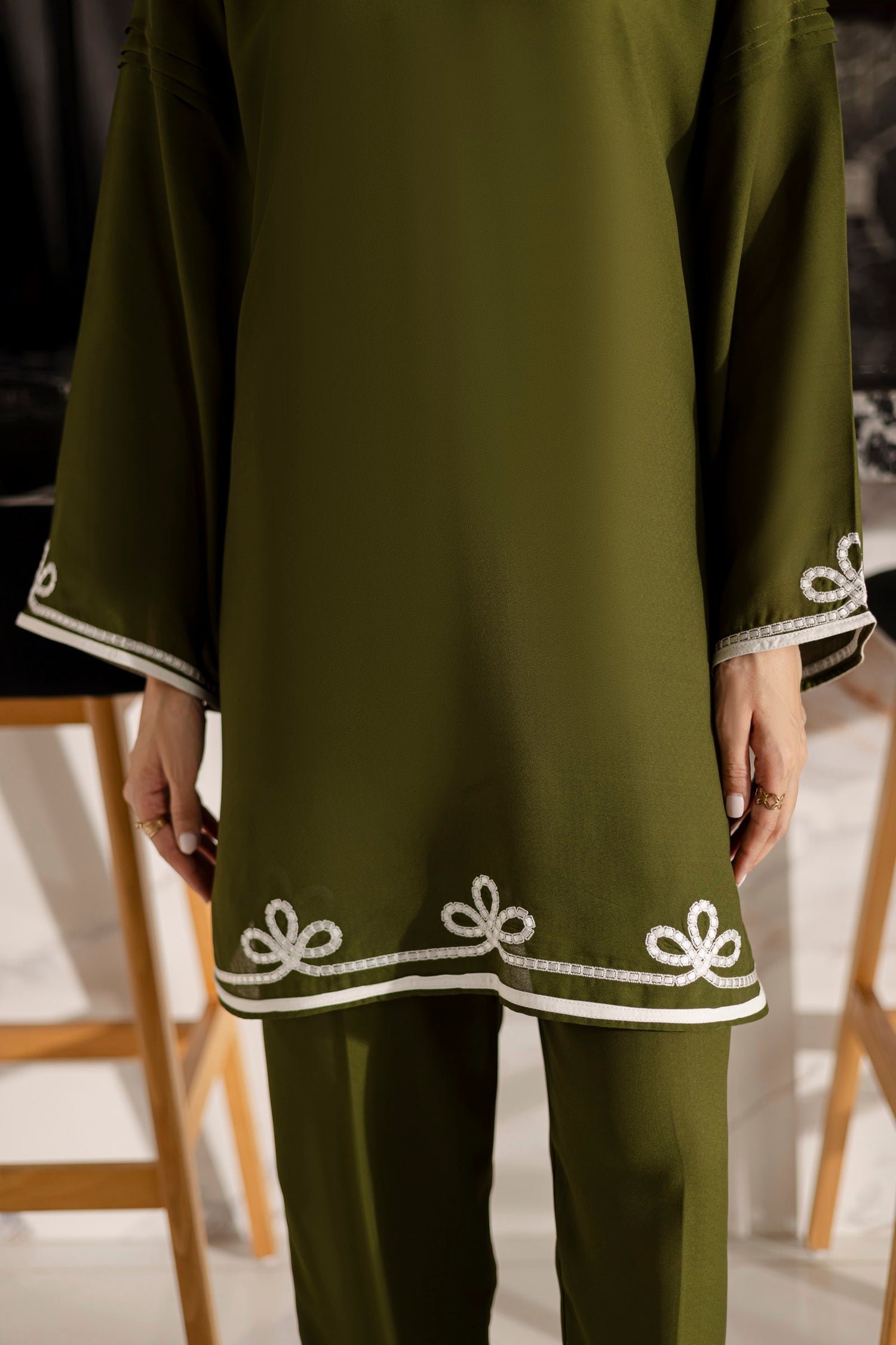 Embroidered Solid 2PC Dress - SP-06 Olive Green