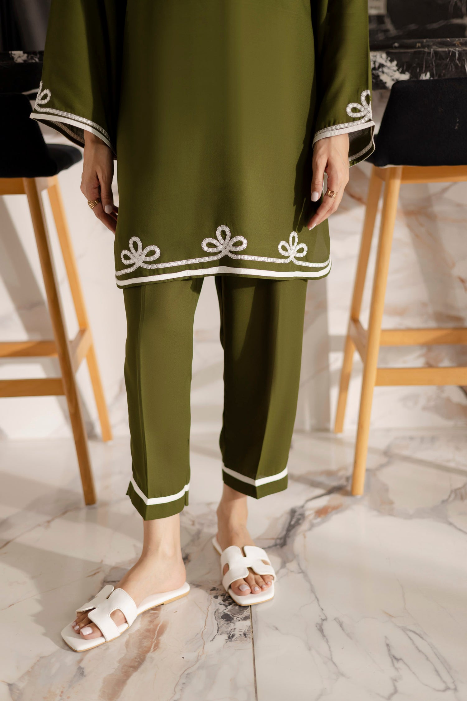 Embroidered Solid 2PC Dress - SP-06 Olive Green