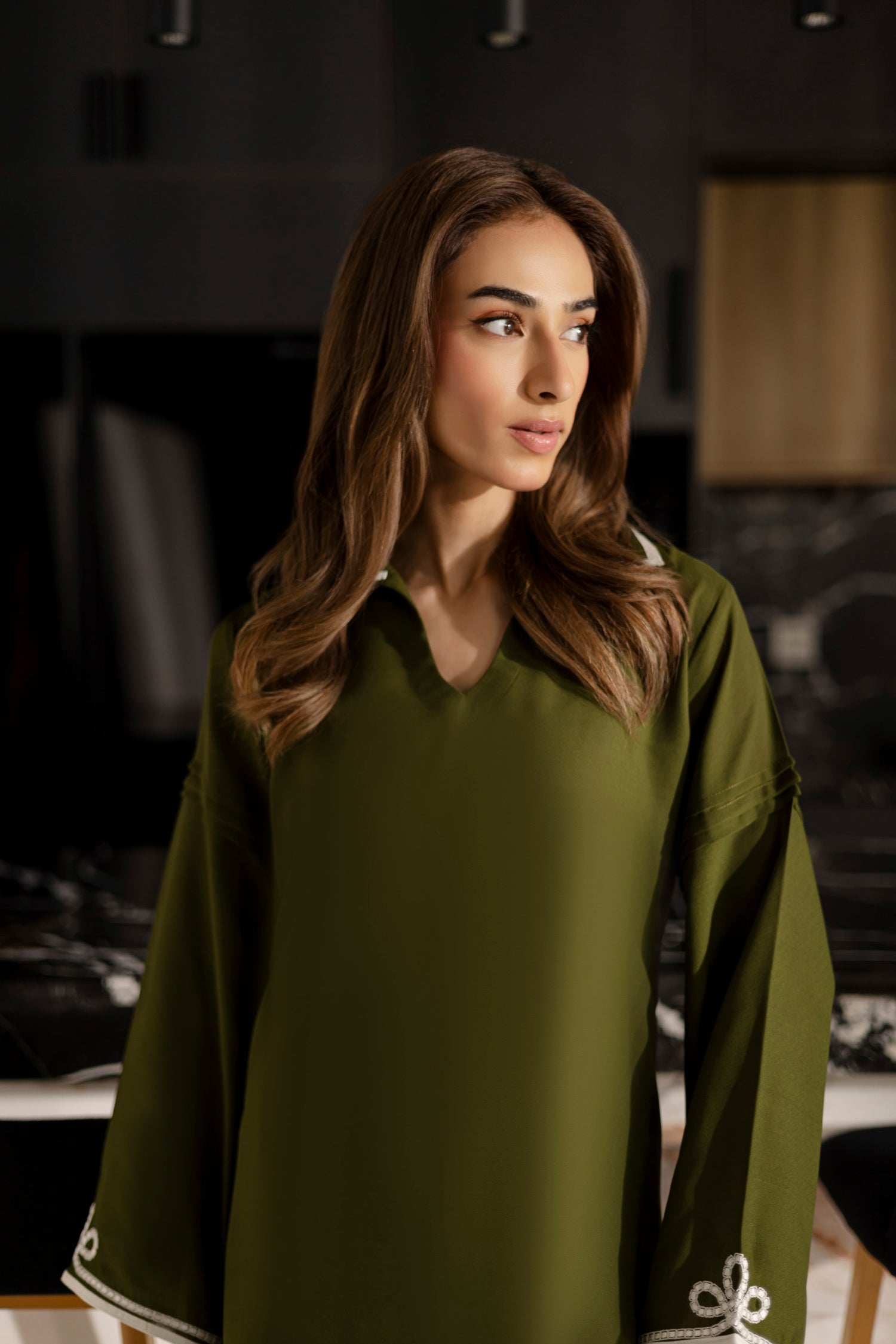 Embroidered Solid 2PC Dress - SP-06 Olive Green