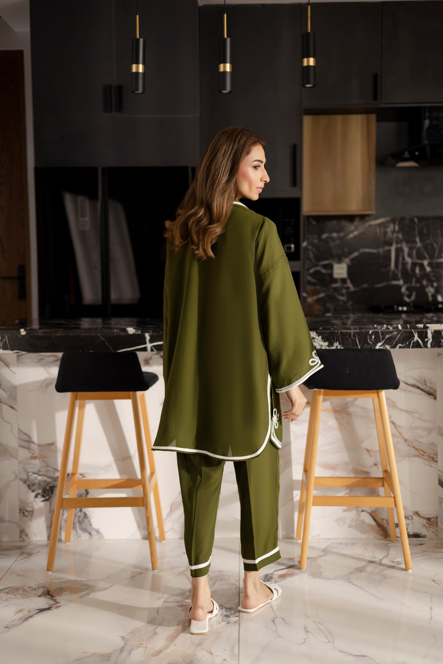 Embroidered Solid 2PC Dress - SP-06 Olive Green