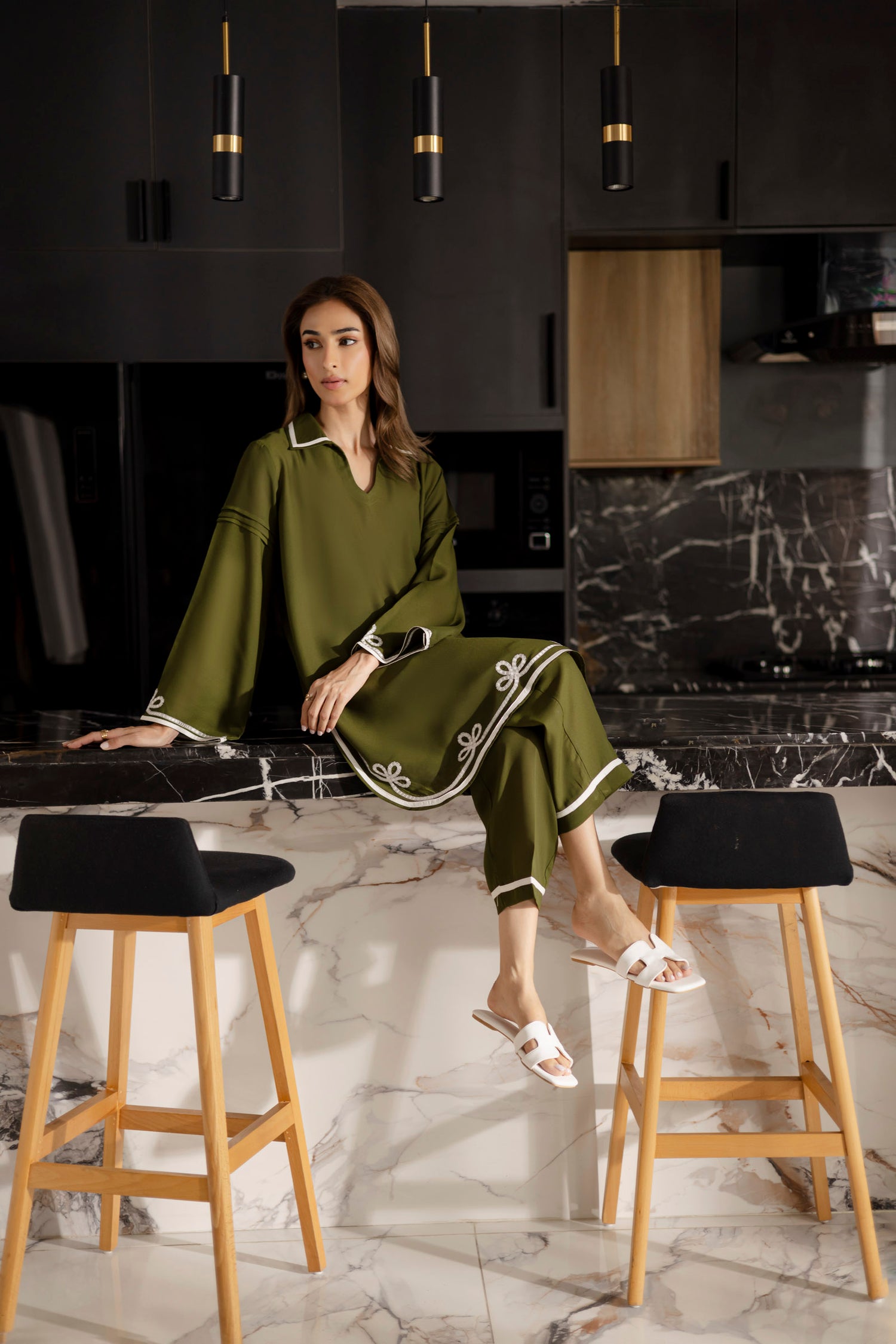 Embroidered Solid 2PC Dress - SP-06 Olive Green