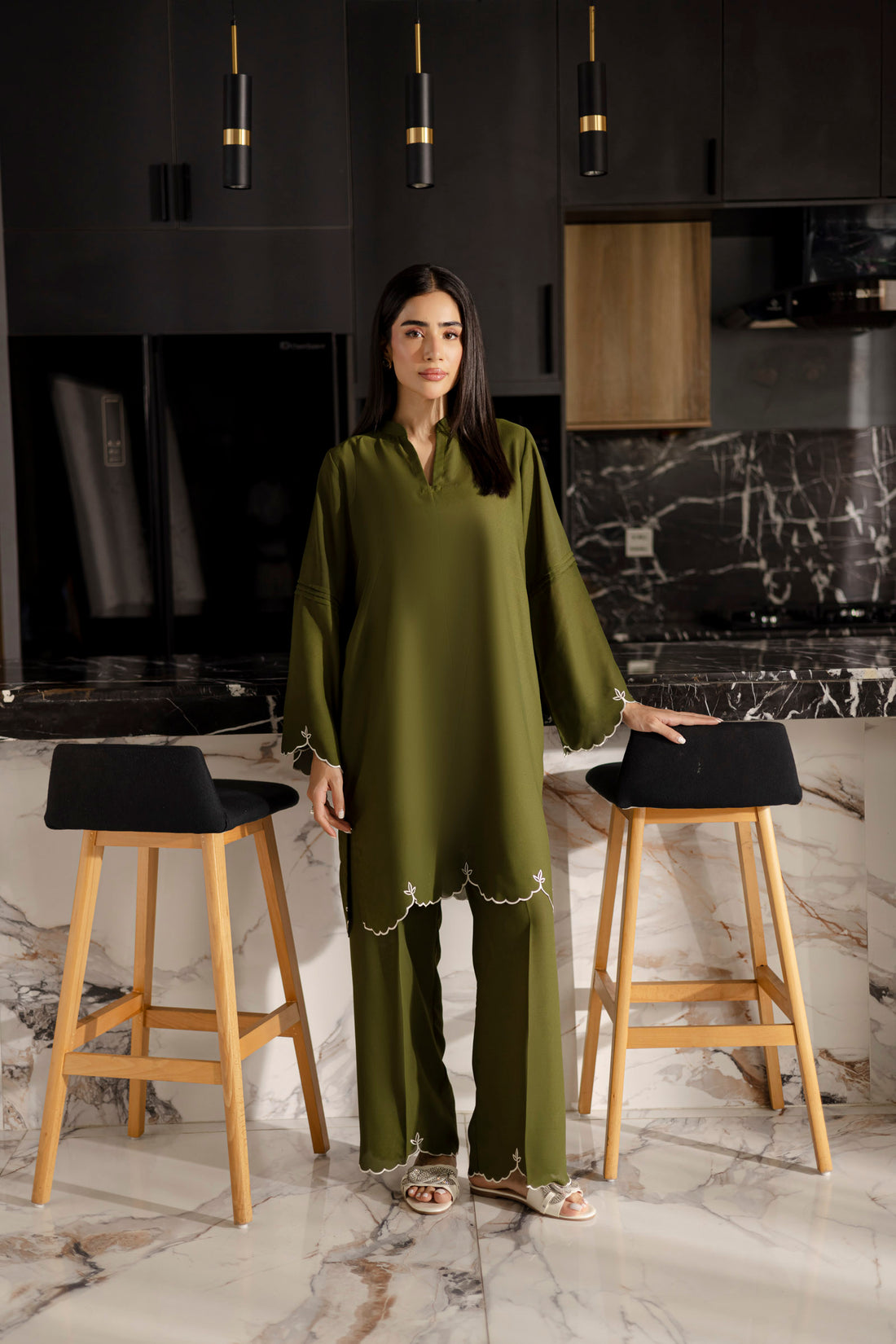 Embroidered Solid 2PC Dress - SP-04 Olive Green