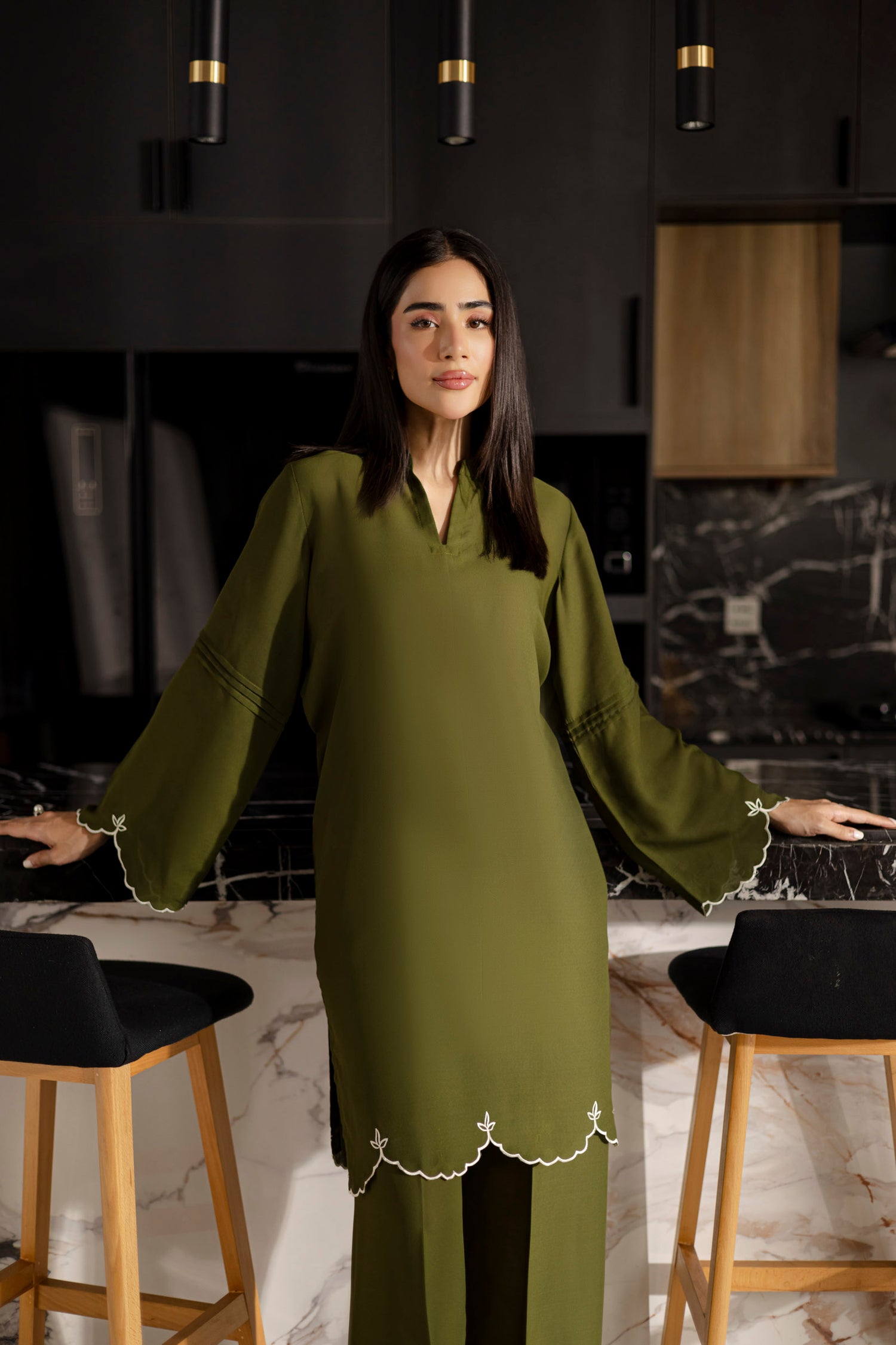 Embroidered Solid 2PC Dress - SP-06 Olive Green